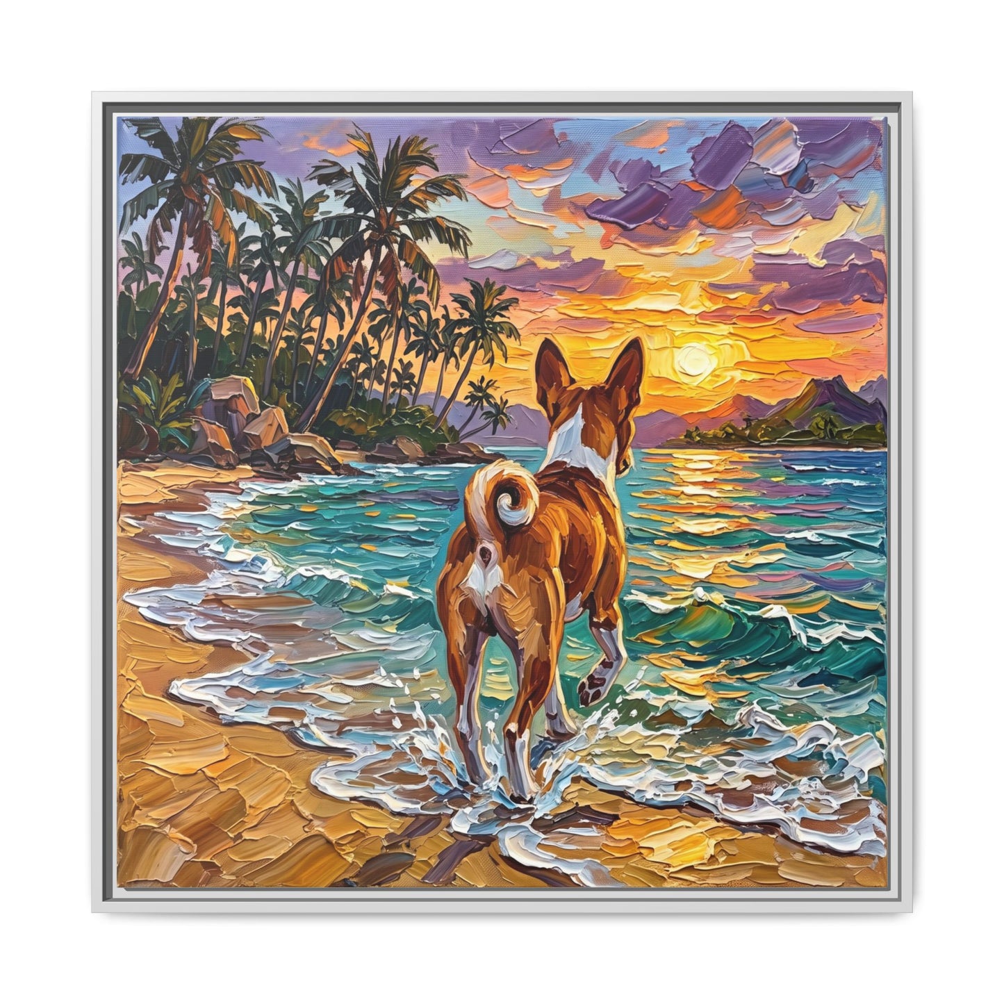 "Beach Day - Basenji" Framed Canvas Wall Art