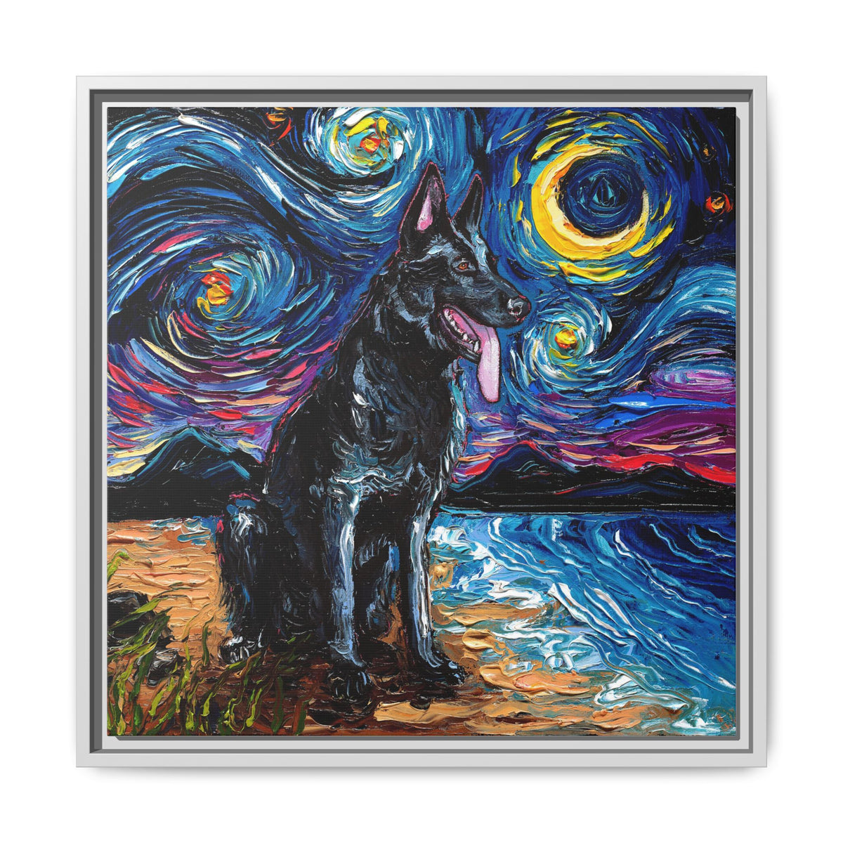 "Black German Shepherd Night" Framed Canvas Wall Art