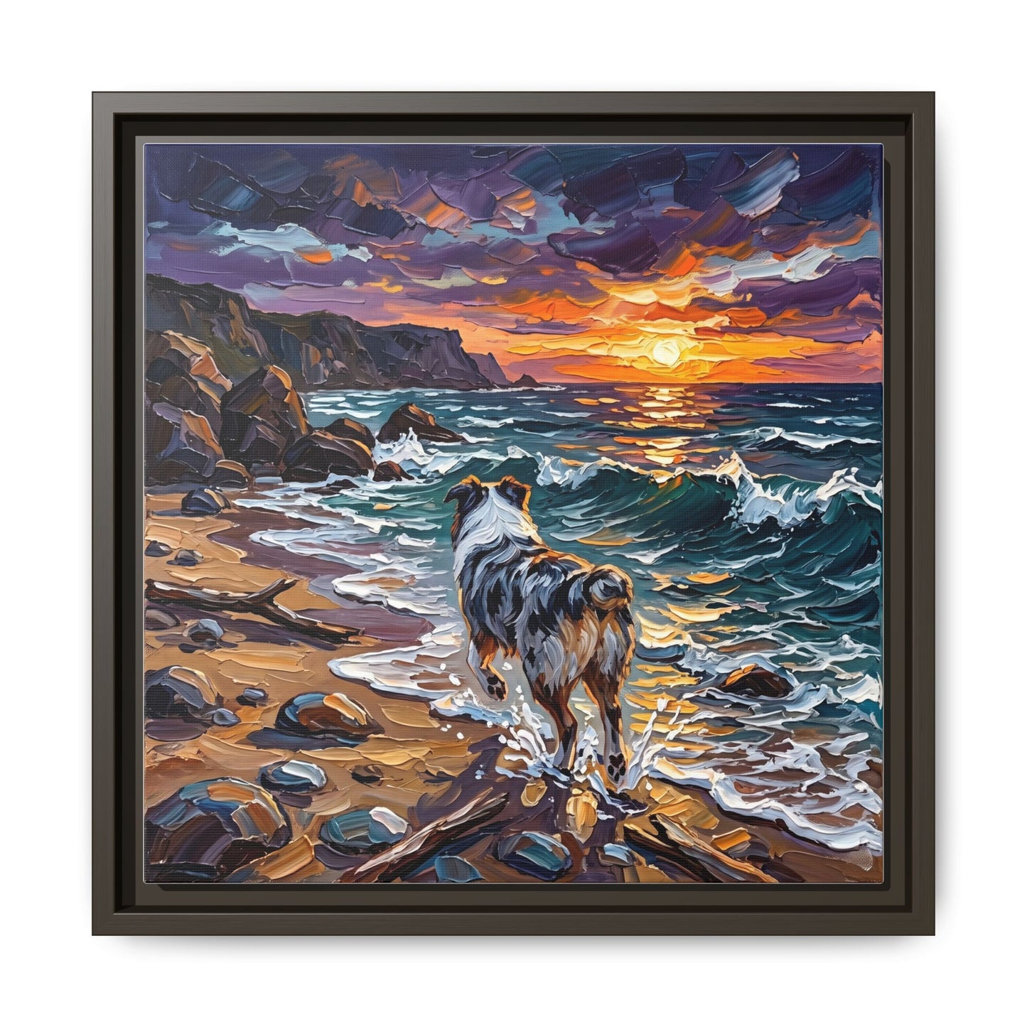 "Beach Day - Merle Aussie Shepherd" Framed Canvas Wall Art