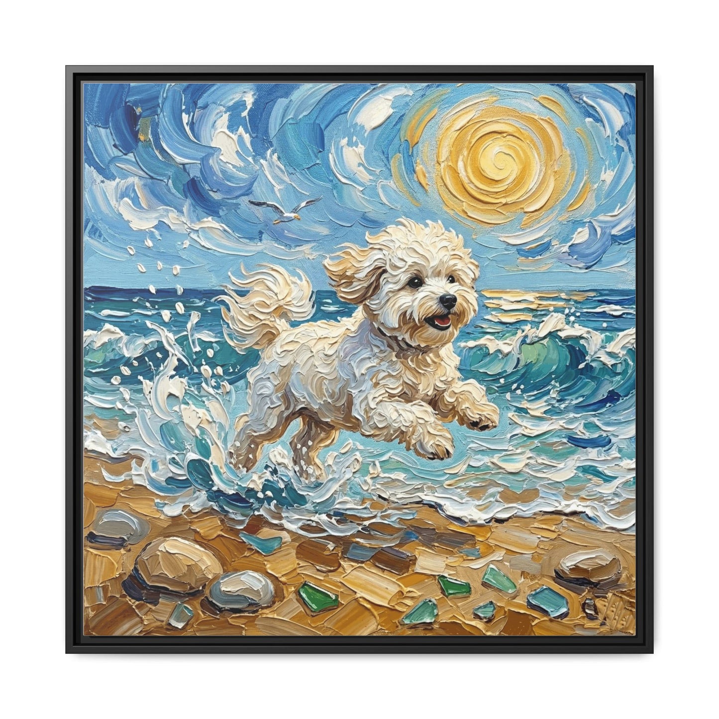 "Beach Day - Bichon Frise" Framed Canvas Wall Art