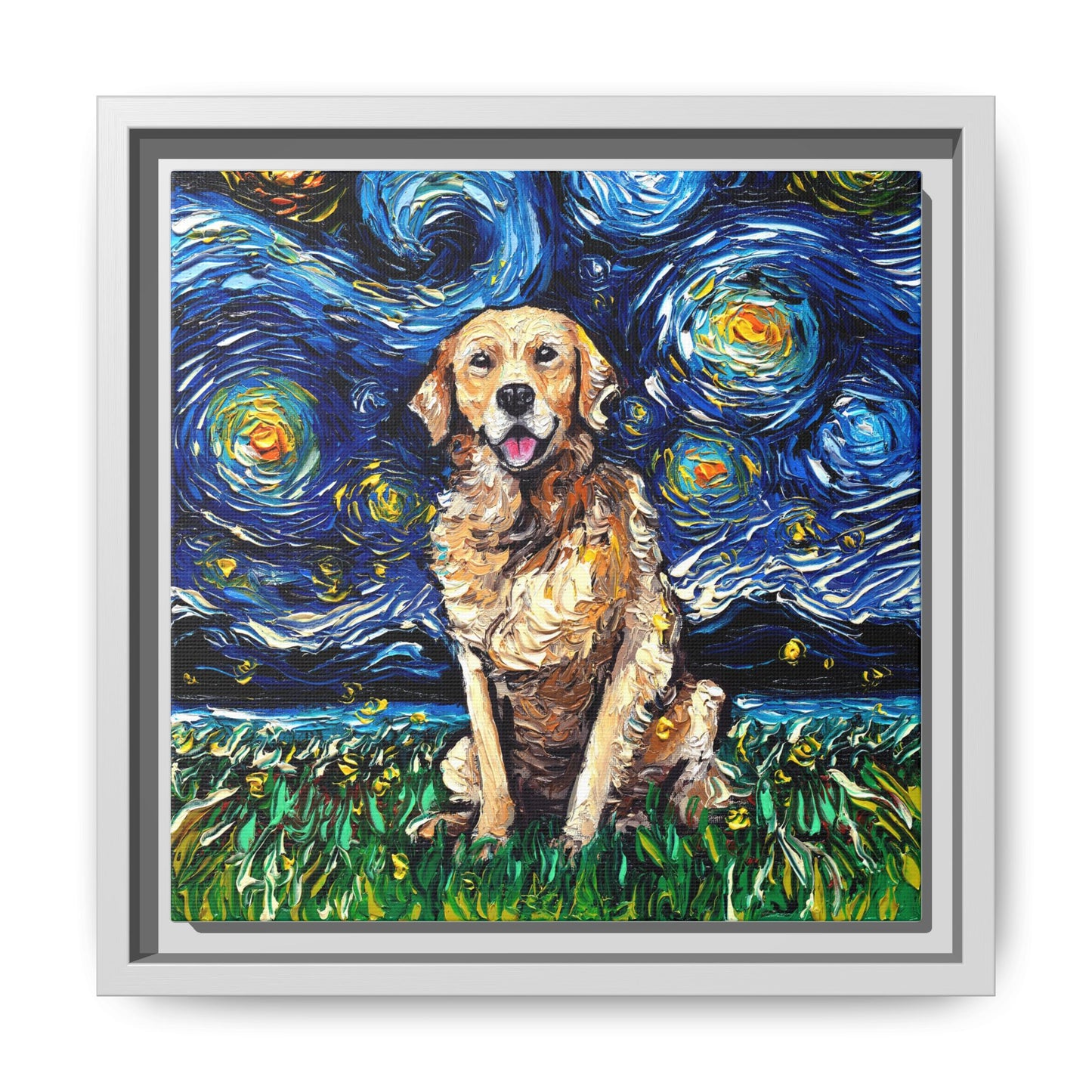 "Golden Retriever Night" Framed Canvas Wall Art