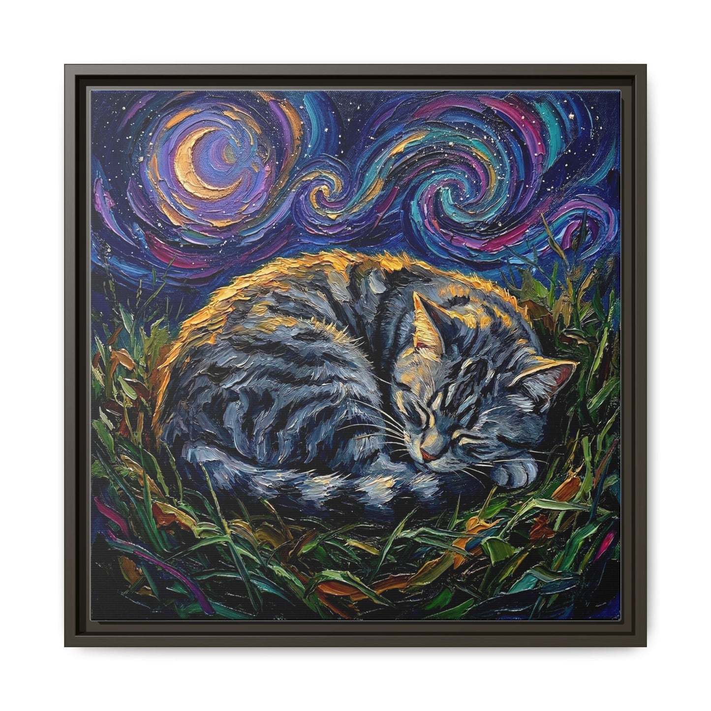 "Sleepy American Shorthair Tabby Night" Framed Canvas Wall Art