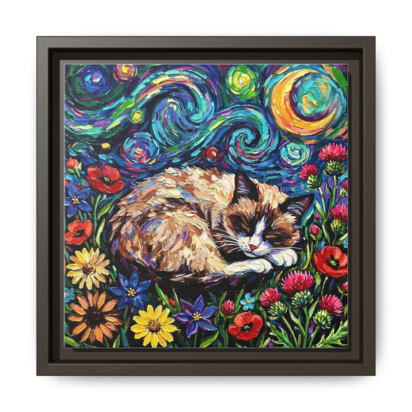 "Sleepy Snowshoe Cat Night" Framed Canvas Wall Art