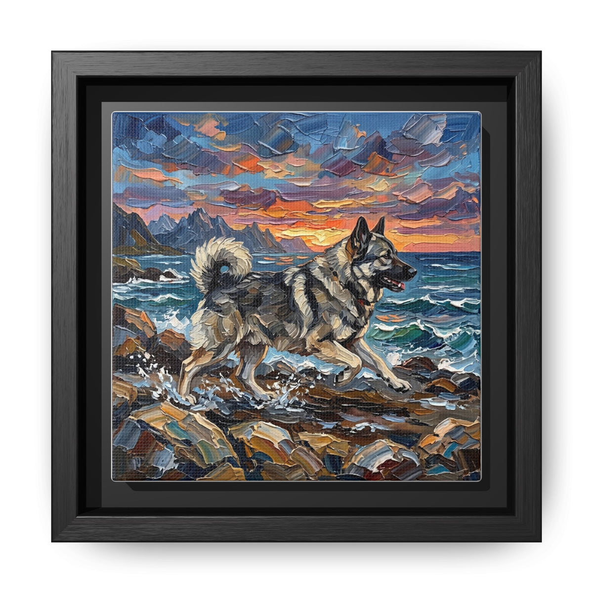 "Beach Days - Norwegian Elkhound" Framed Canvas Wall Art