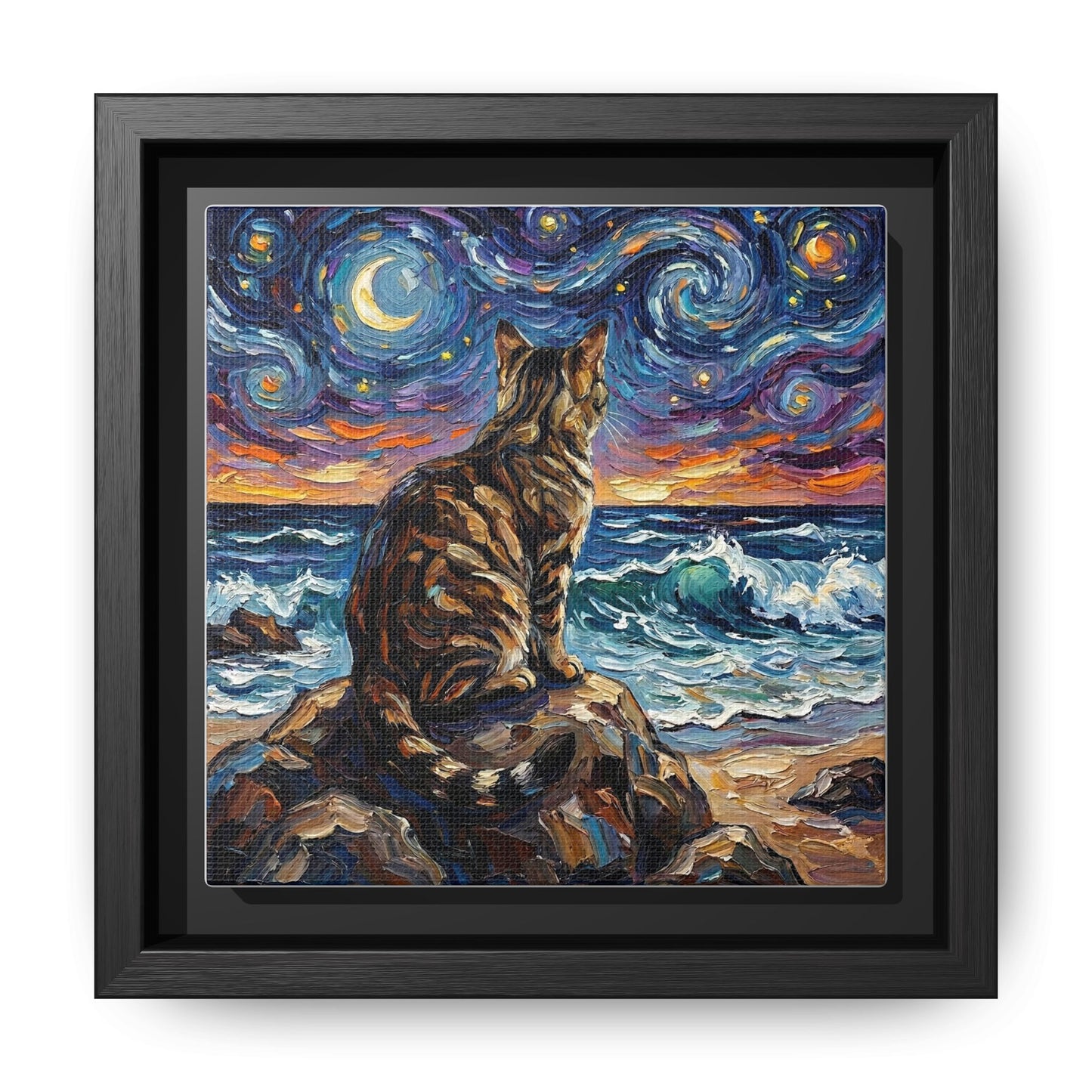 "Beach Night - Brown Tabby" Framed Canvas Wall Art