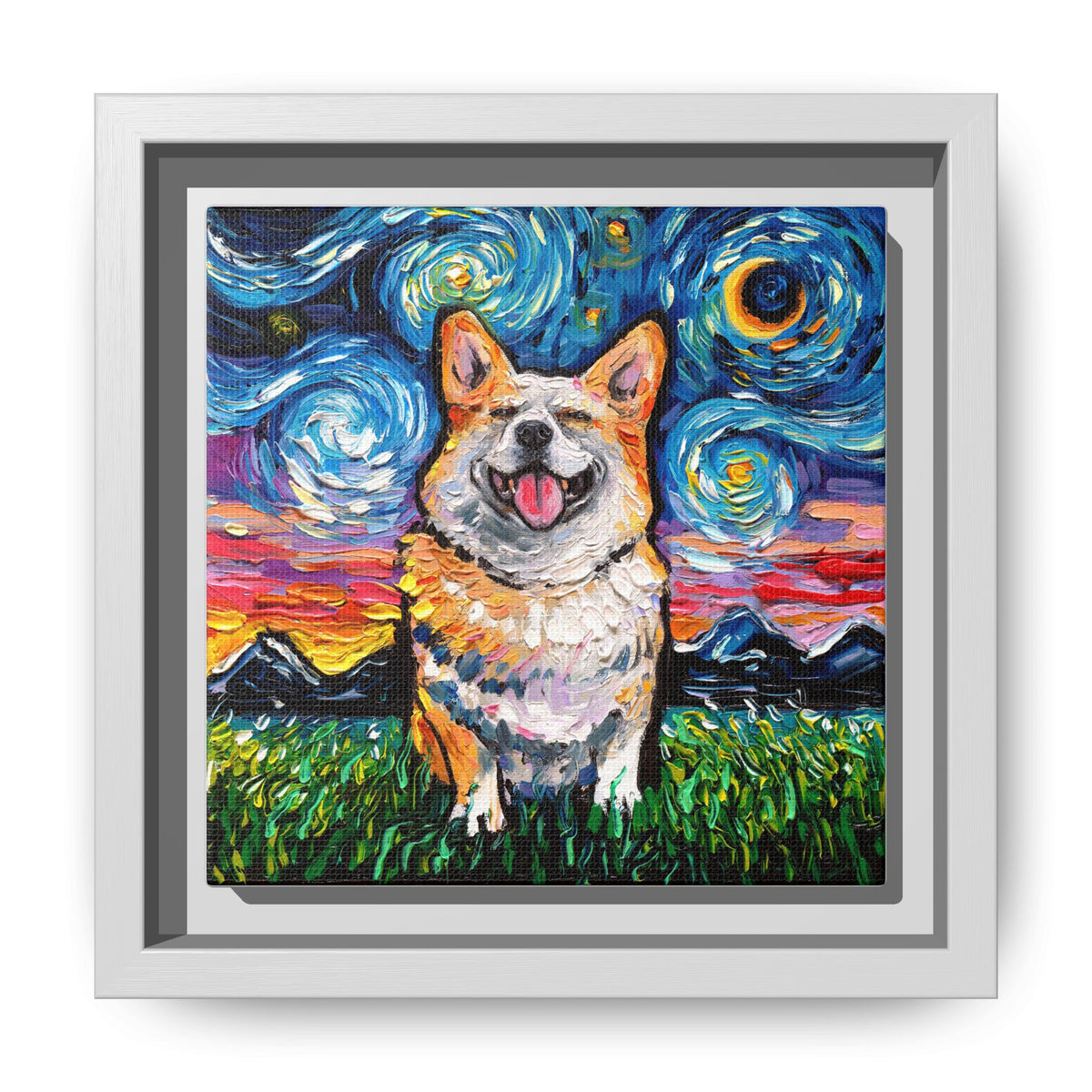 "Smiling Corgi Night" Framed Canvas Wall Art
