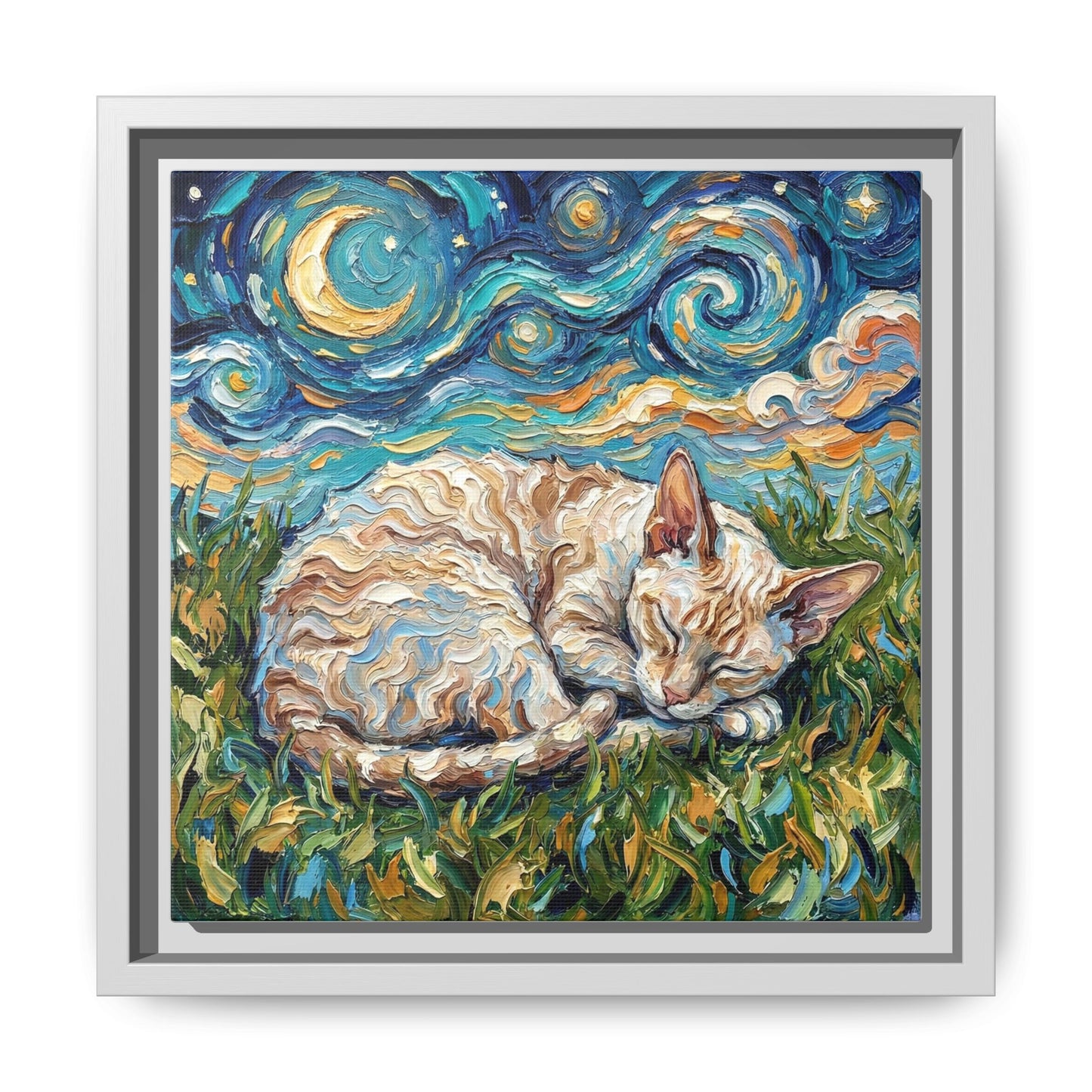 "Sleepy Cornish Rex Night" Framed Canvas Wall Art