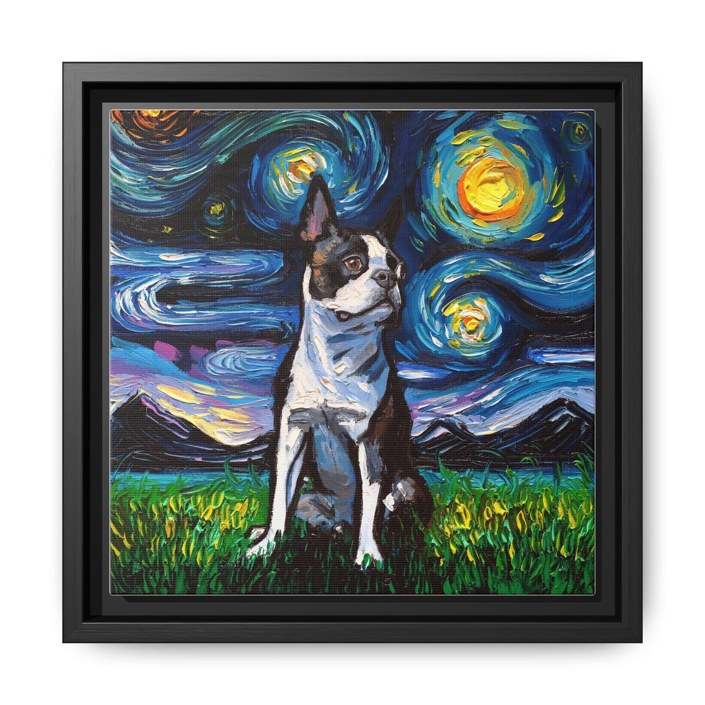 "Boston Terrier Night" Framed Canvas Wall Art
