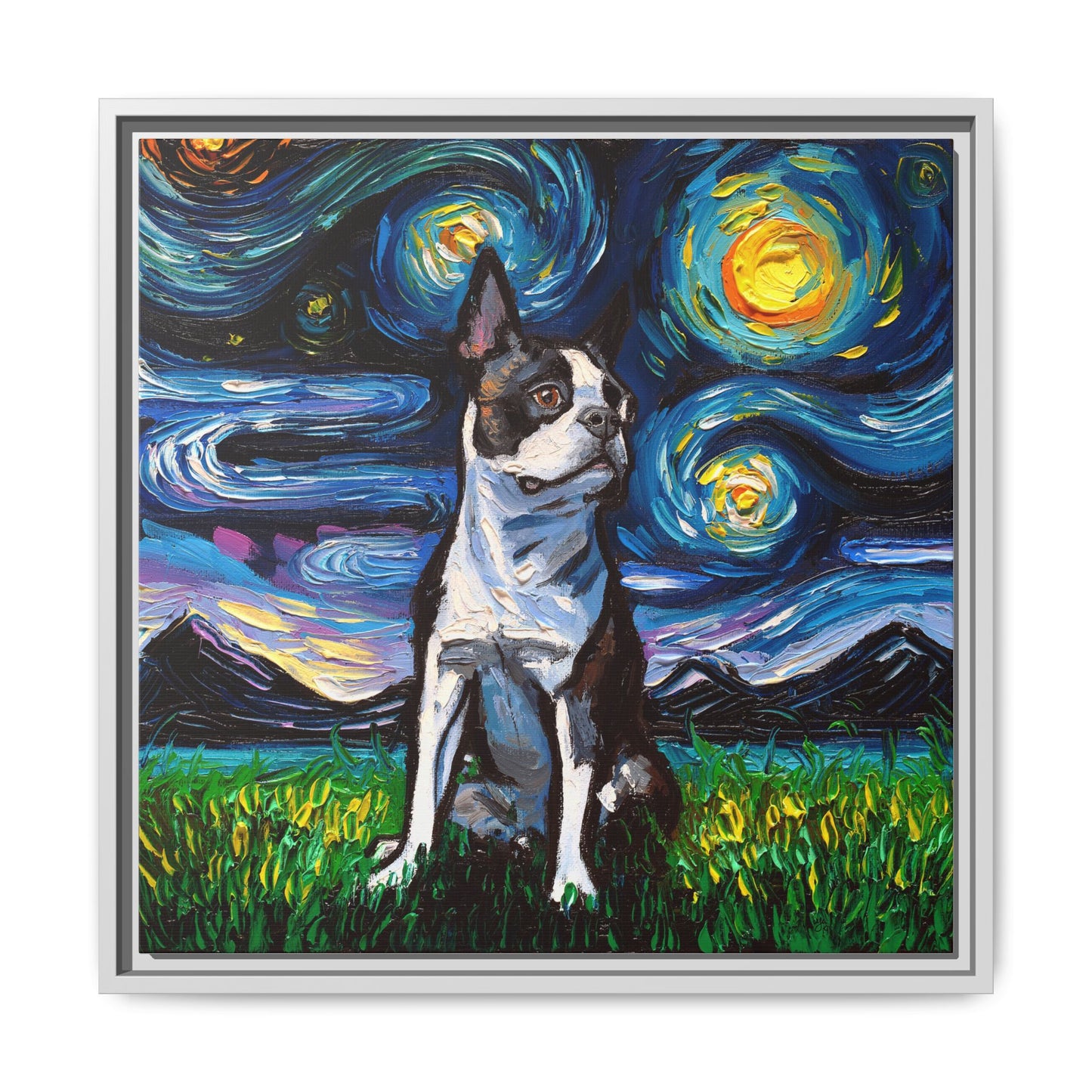 "Boston Terrier Night" Framed Canvas Wall Art