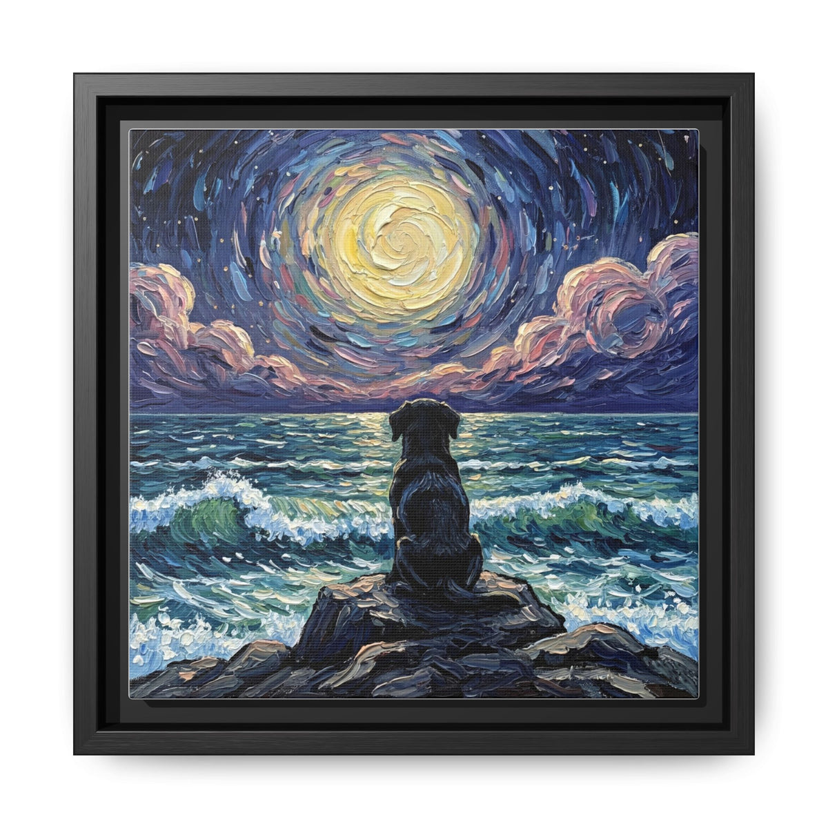 "Beach Night - Black Lab Puppy" Framed Canvas Wall Art