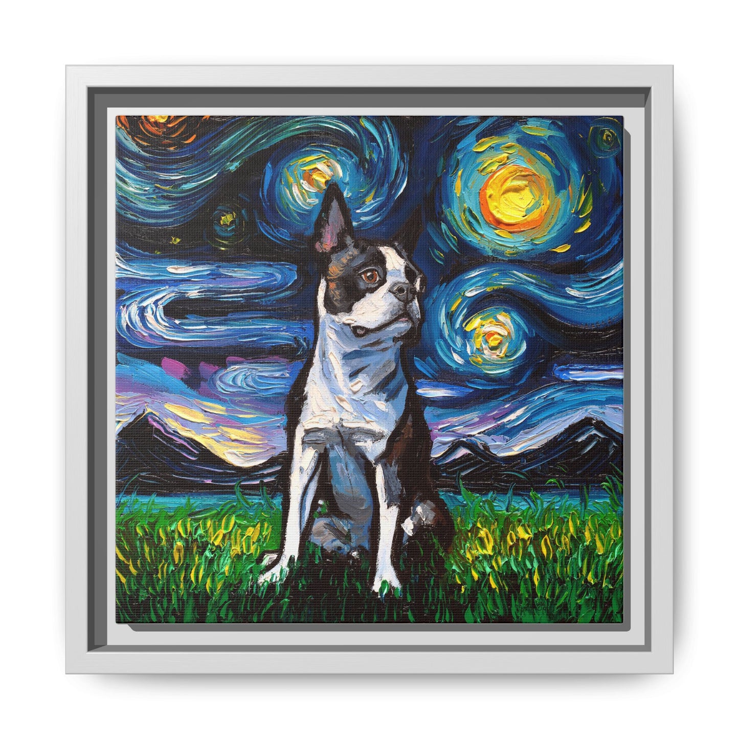 "Boston Terrier Night" Framed Canvas Wall Art