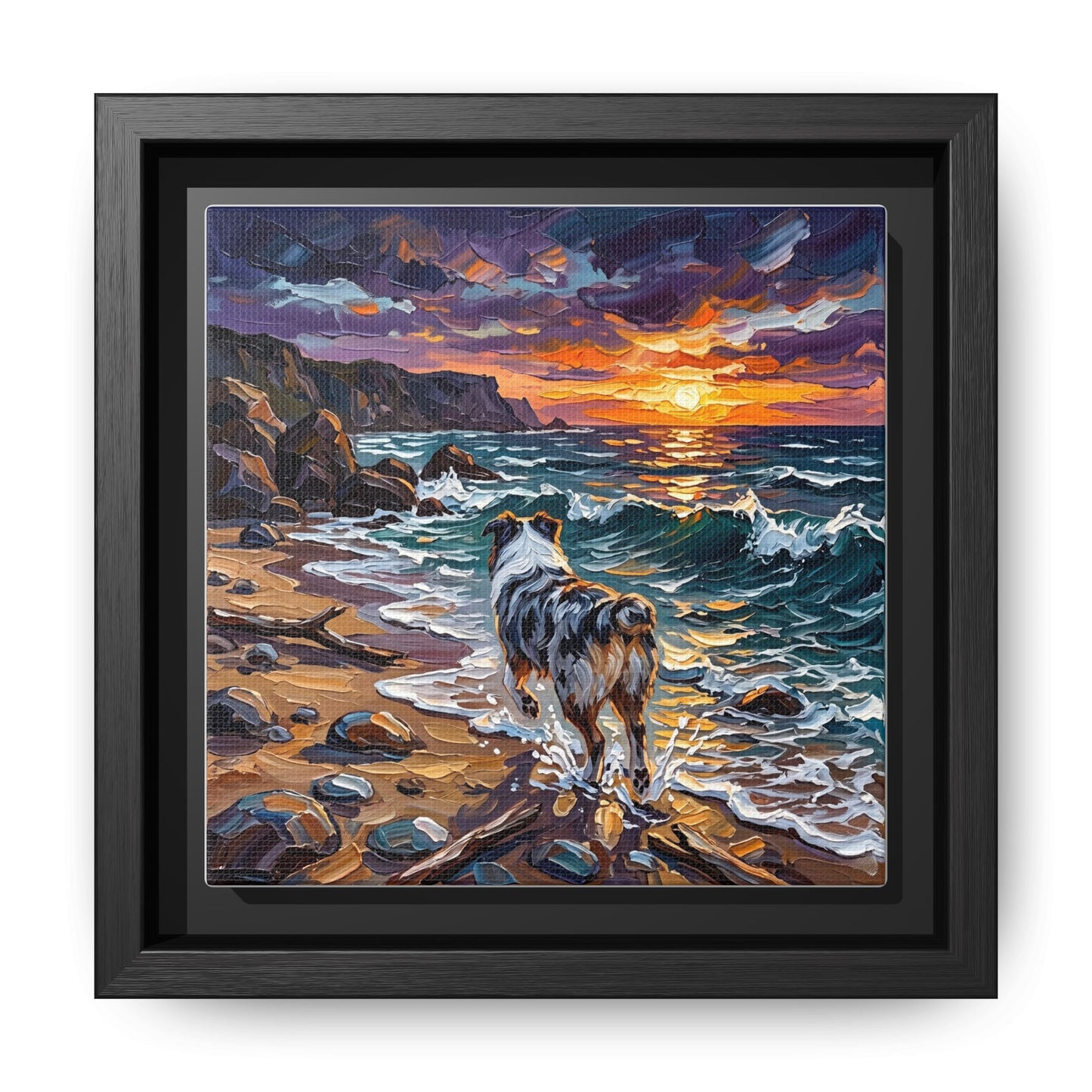 "Beach Day - Merle Aussie Shepherd" Framed Canvas Wall Art