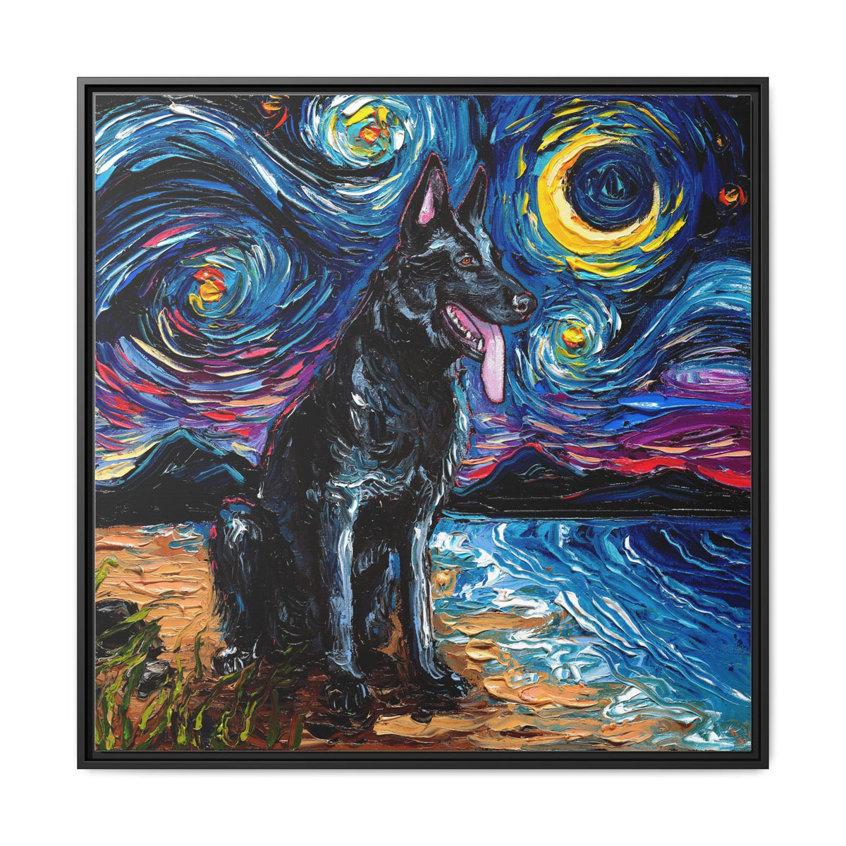"Black German Shepherd Night" Framed Canvas Wall Art