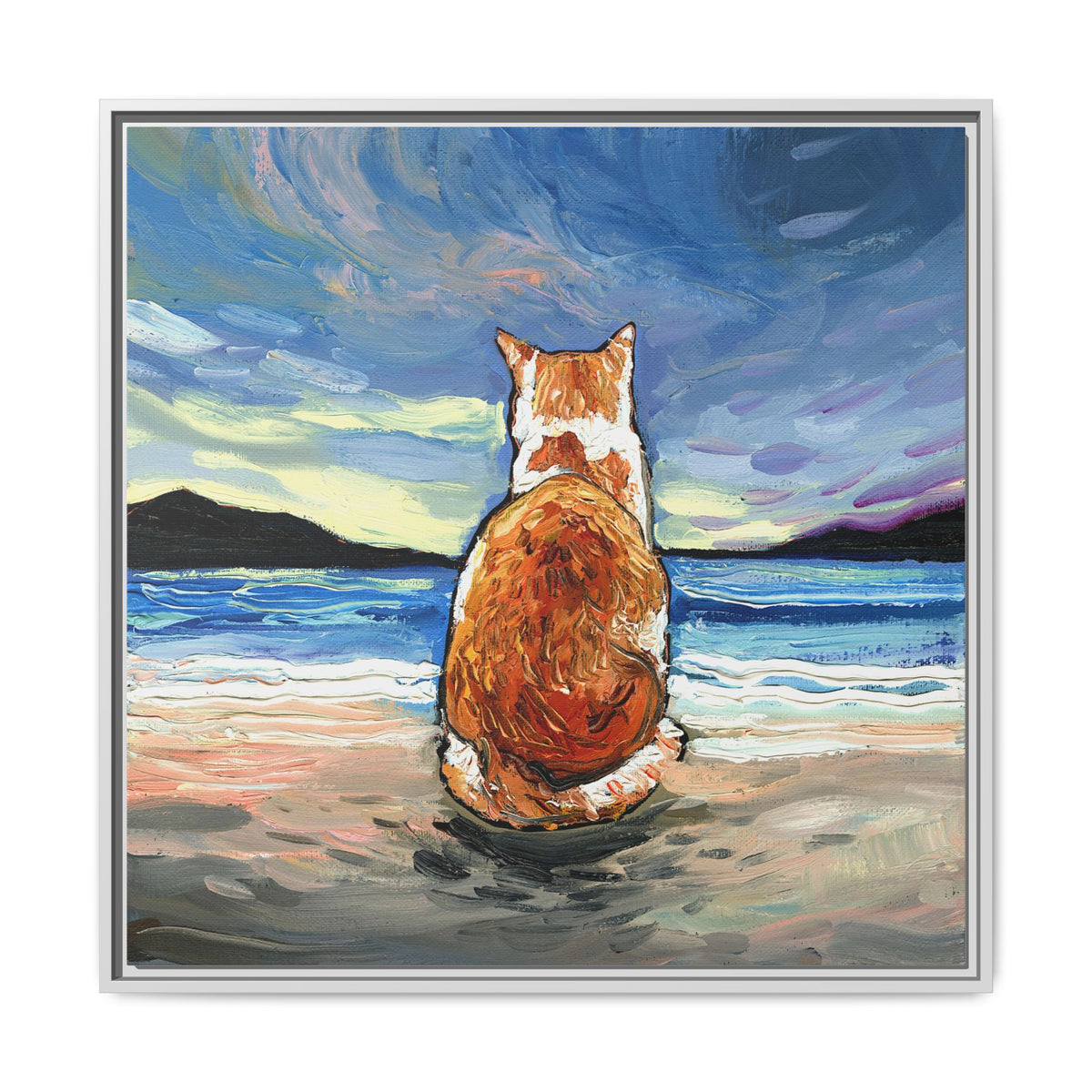 "Beach Day - Orange and White Tabby Cat" Framed Canvas Wall Art