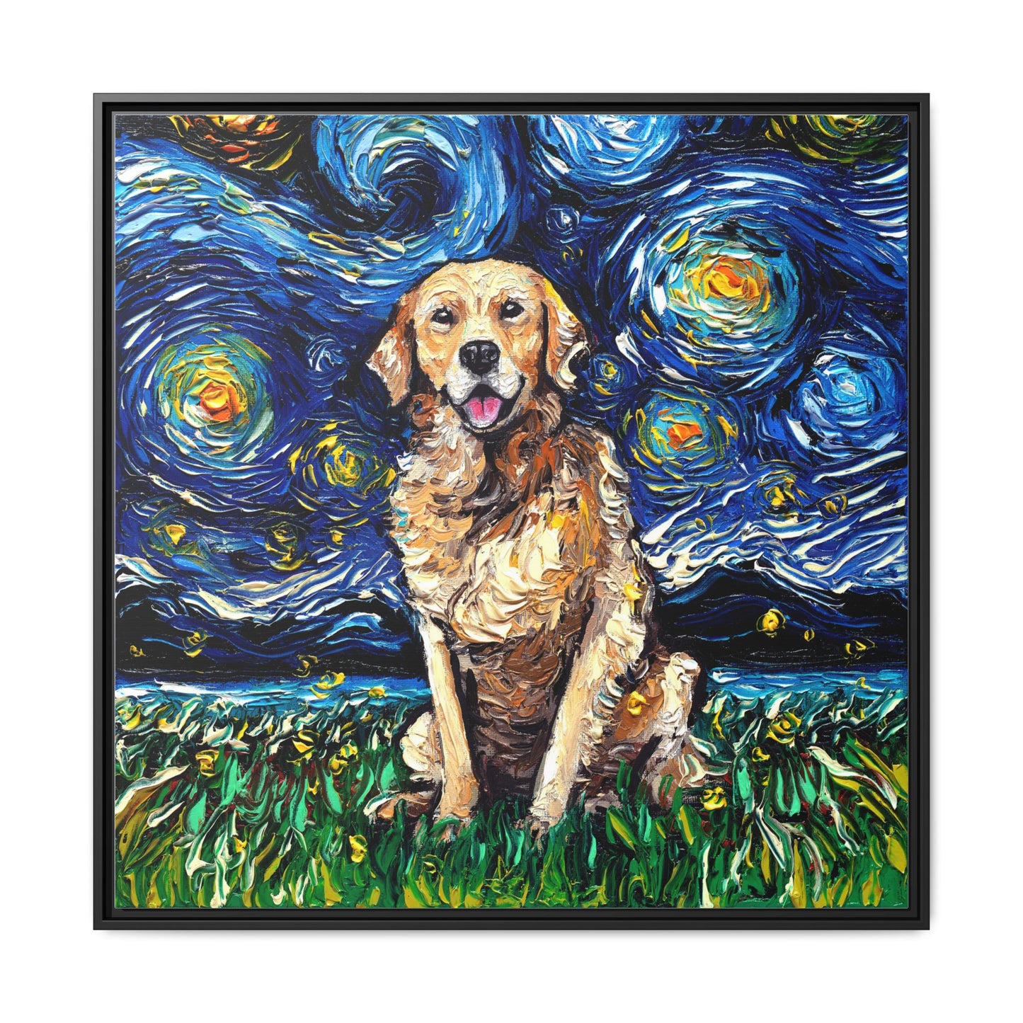 "Golden Retriever Night" Framed Canvas Wall Art