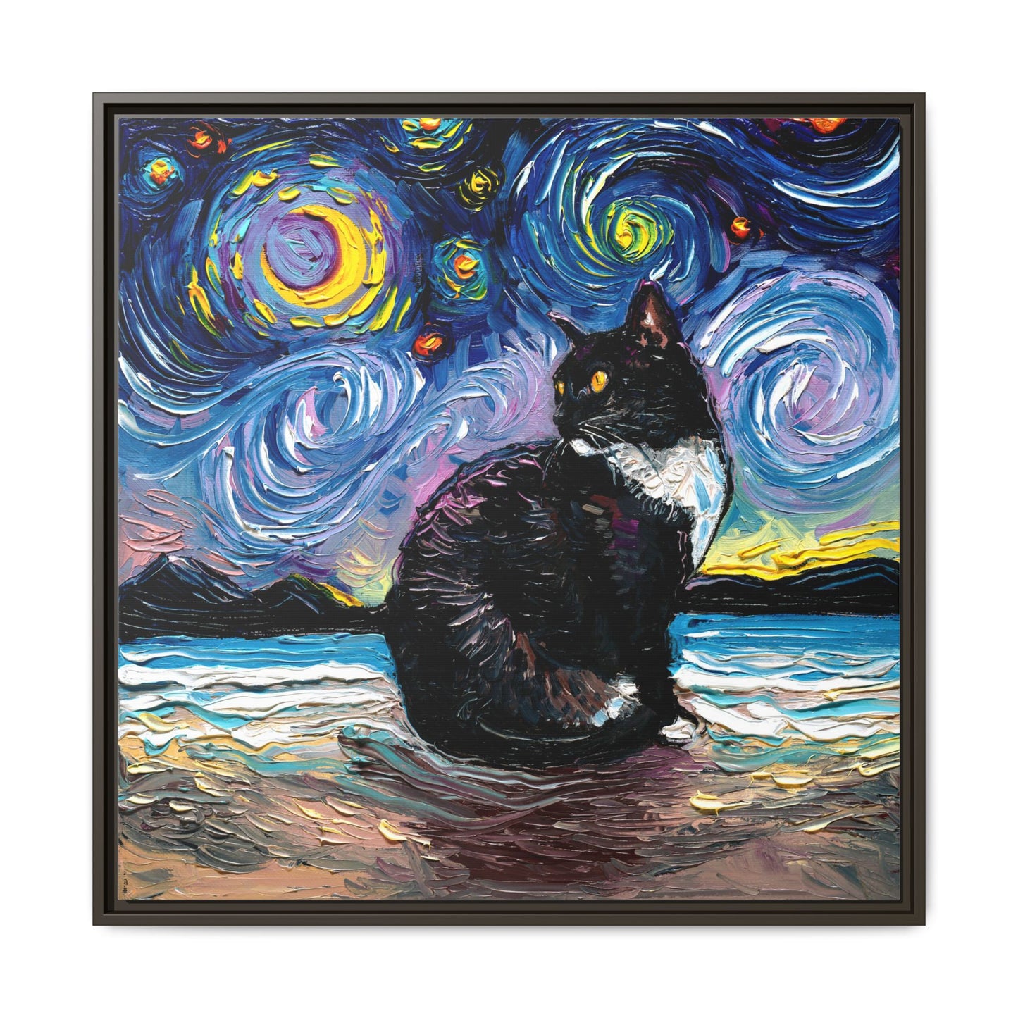 "Tuxedo Cat Night 2" Framed Canvas Wall Art