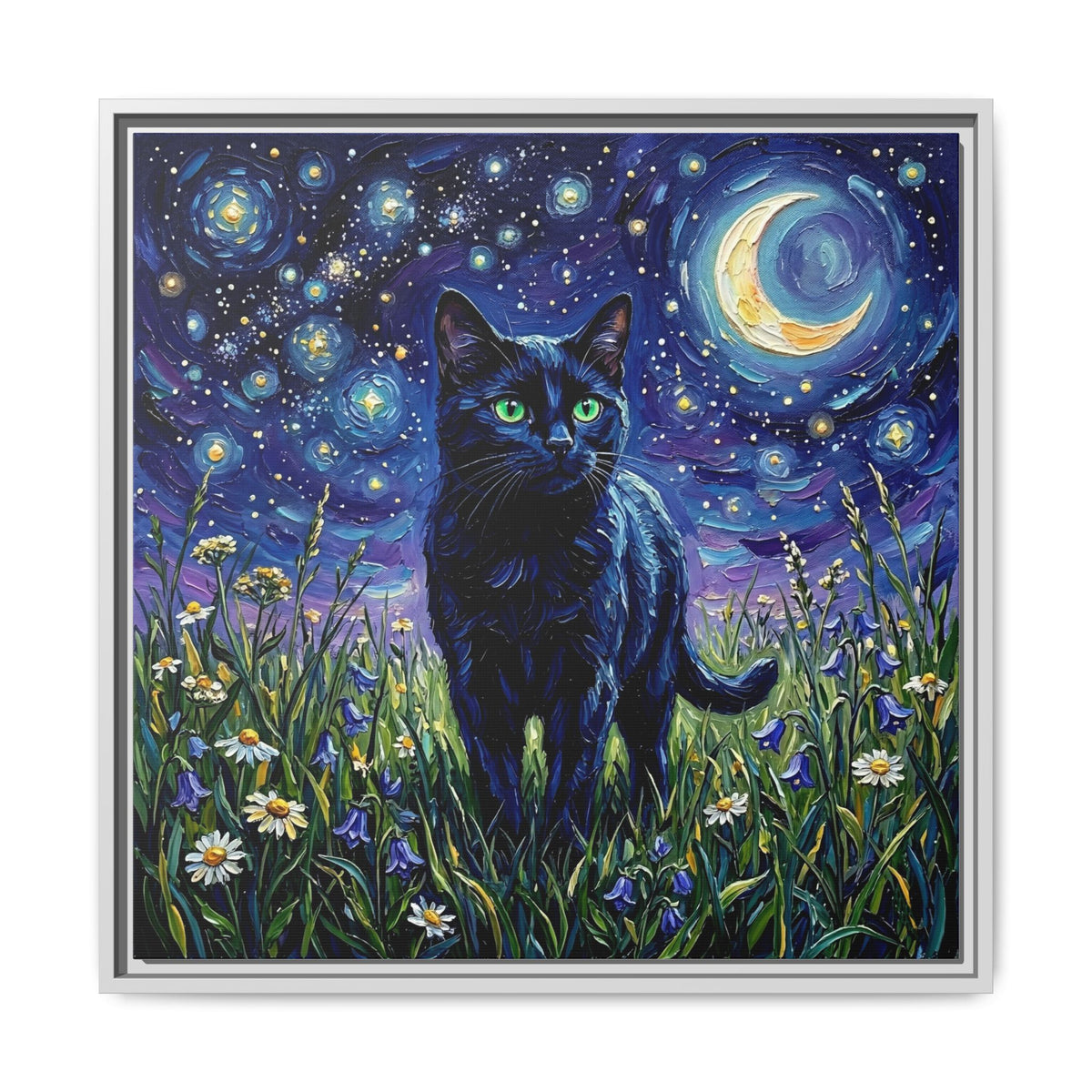 "Amongst The Flowers - Black Cat" Framed Canvas Wall Art