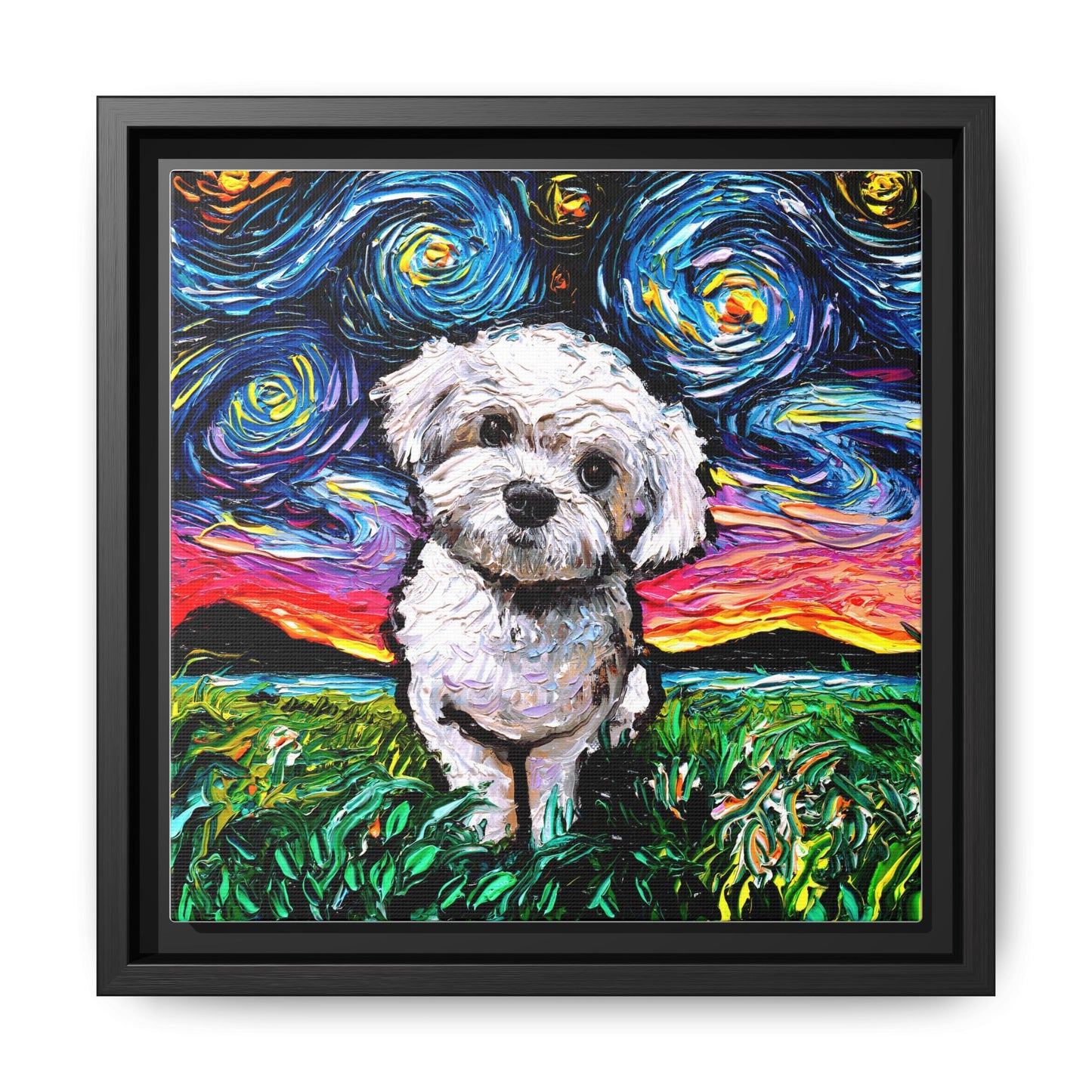 "Maltipoo Night" Framed Canvas Wall Art