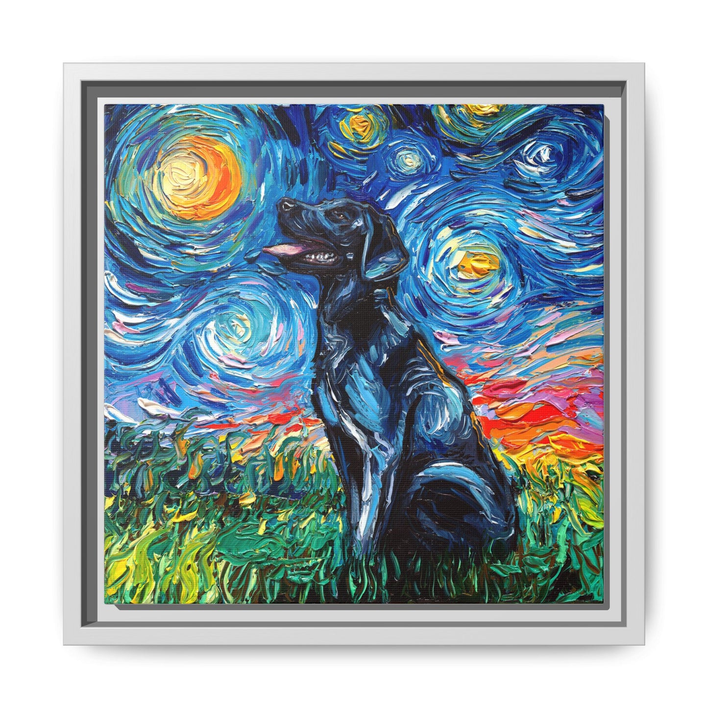 "Black Labrador Night" Framed Canvas Wall Art