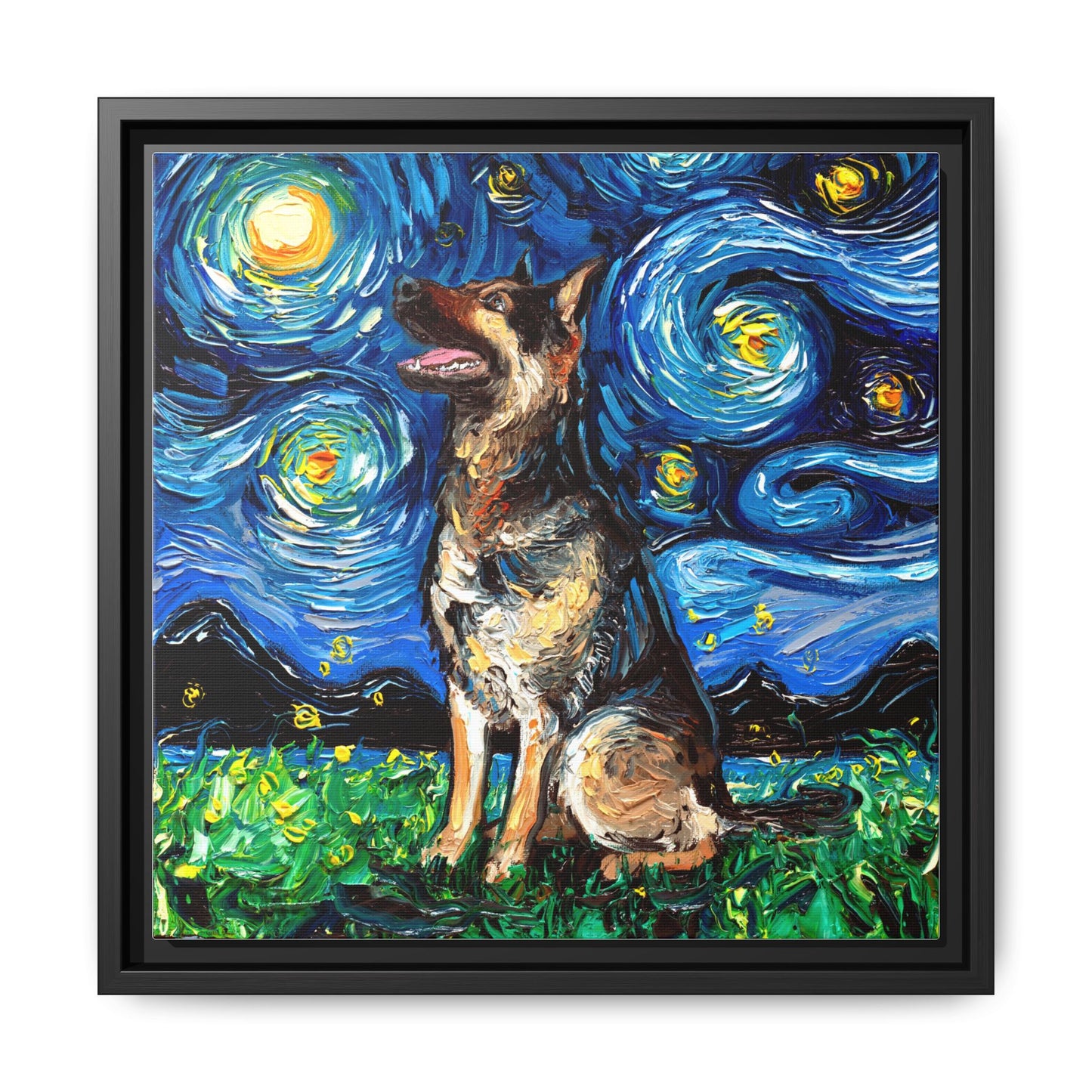 "German Shepherd Night" Framed Canvas Wall Art