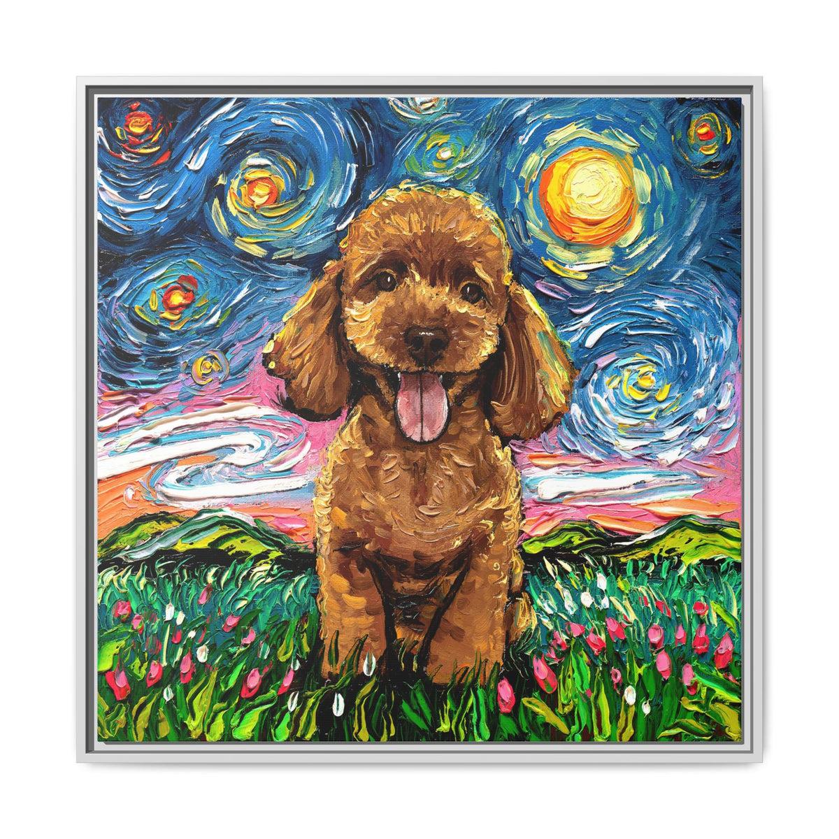 "Apricot Poodle Puppy Night" Framed Canvas Wall Art
