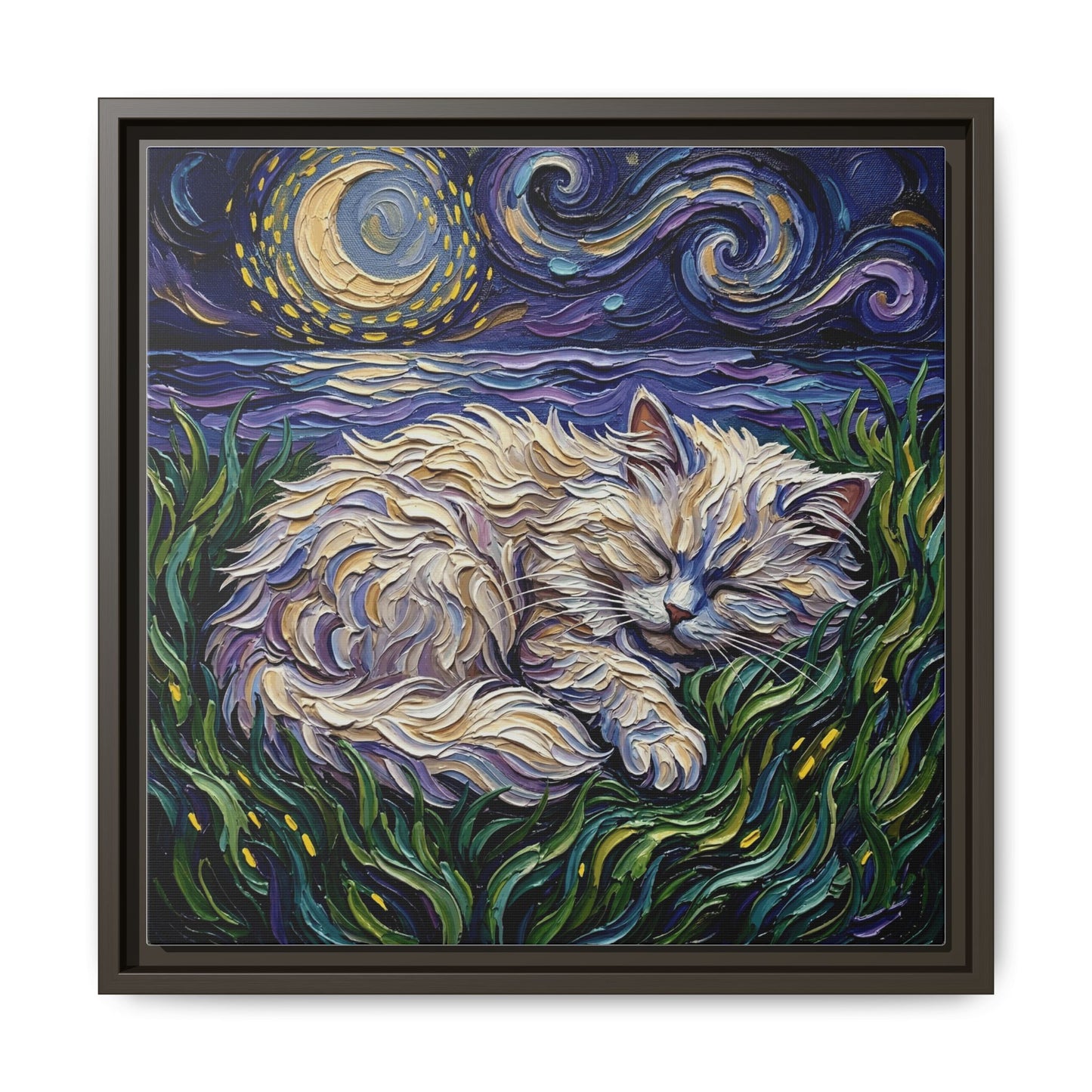 "Sleepy White Persian Night" Framed Canvas Wall Art