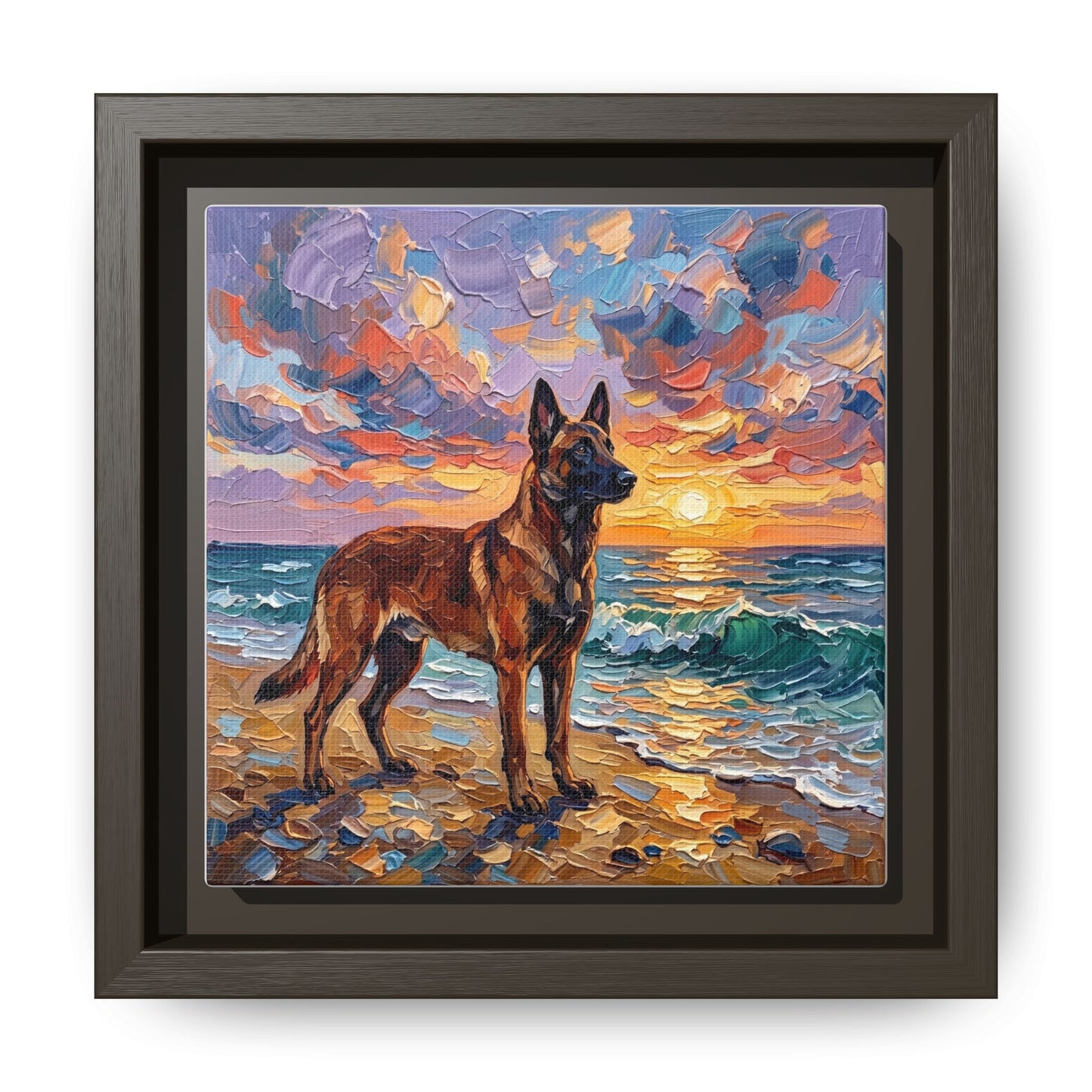"Beach Sunset - Belgian Malinois" Framed Canvas Wall Art