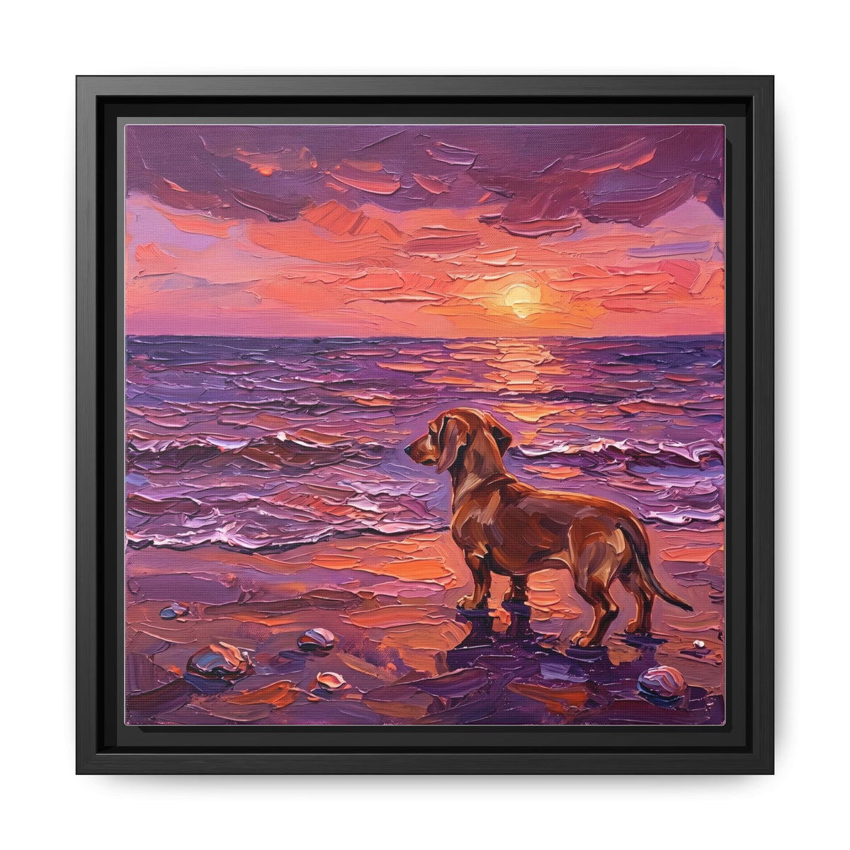 "Beach Day - Brown Dachshund" Framed Canvas Wall Art