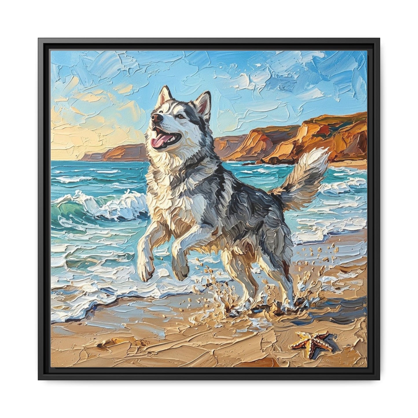 "Beach Day - Husky" Framed Canvas Wall Art
