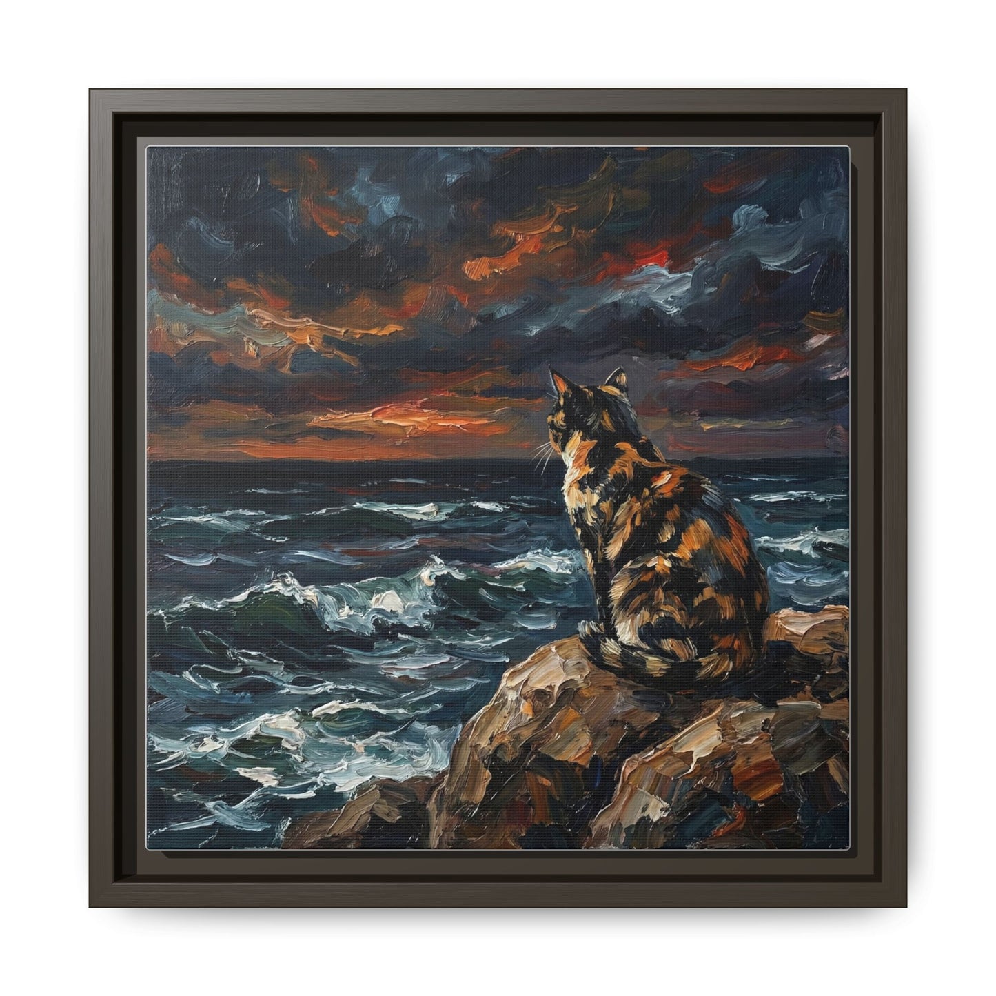 "Beach Night - Tortie Cat" Framed Canvas Wall Art