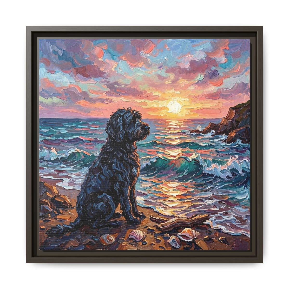 "Beach Days - Portuguese Water Dog" Framed Canvas Wall Art