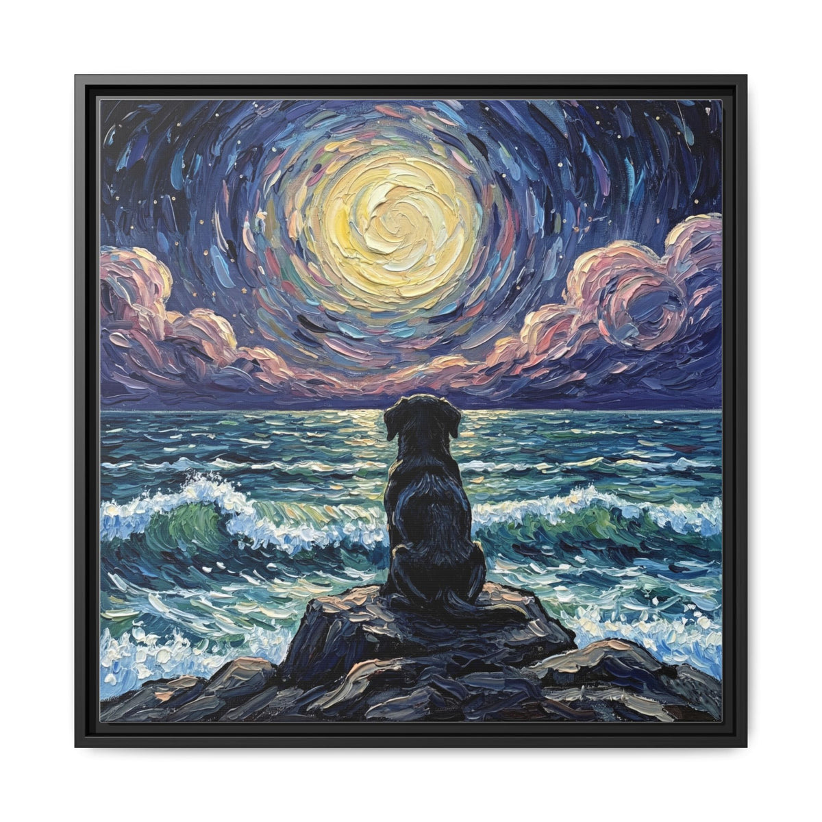 "Beach Night - Black Lab Puppy" Framed Canvas Wall Art
