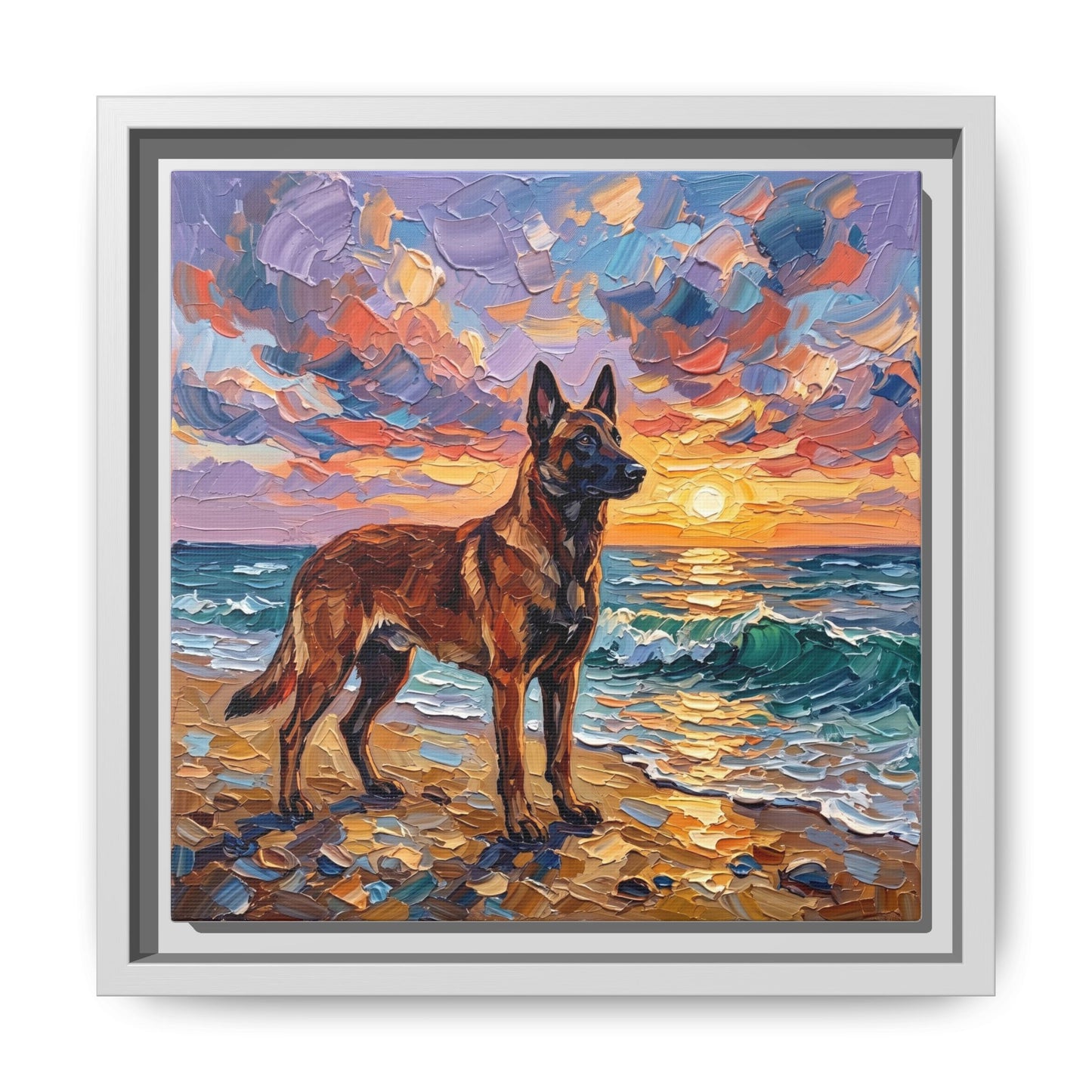 "Beach Sunset - Belgian Malinois" Framed Canvas Wall Art