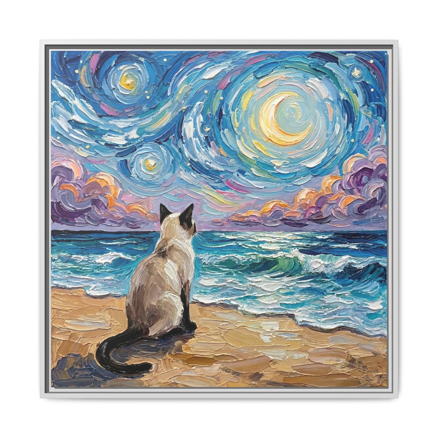 "Beach Night - Siamese Cat" Framed Canvas Wall Art