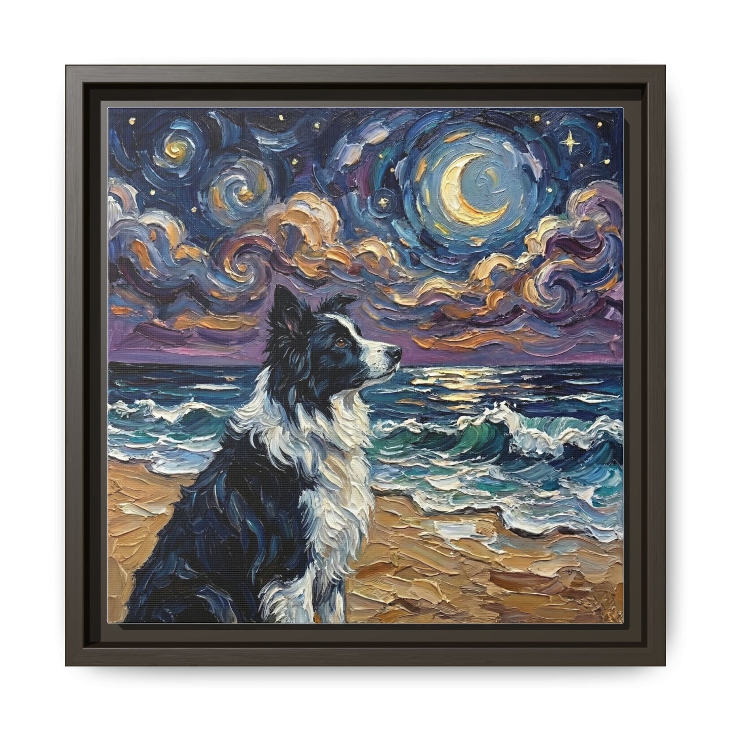 "Beach Night - Border Collie" Framed Canvas Wall Art