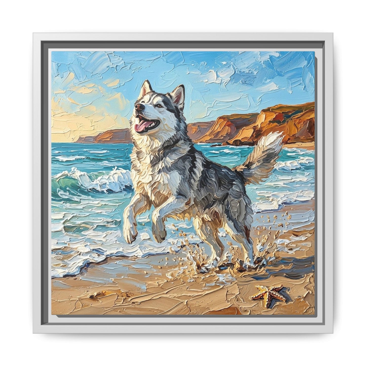 "Beach Day - Husky" Framed Canvas Wall Art