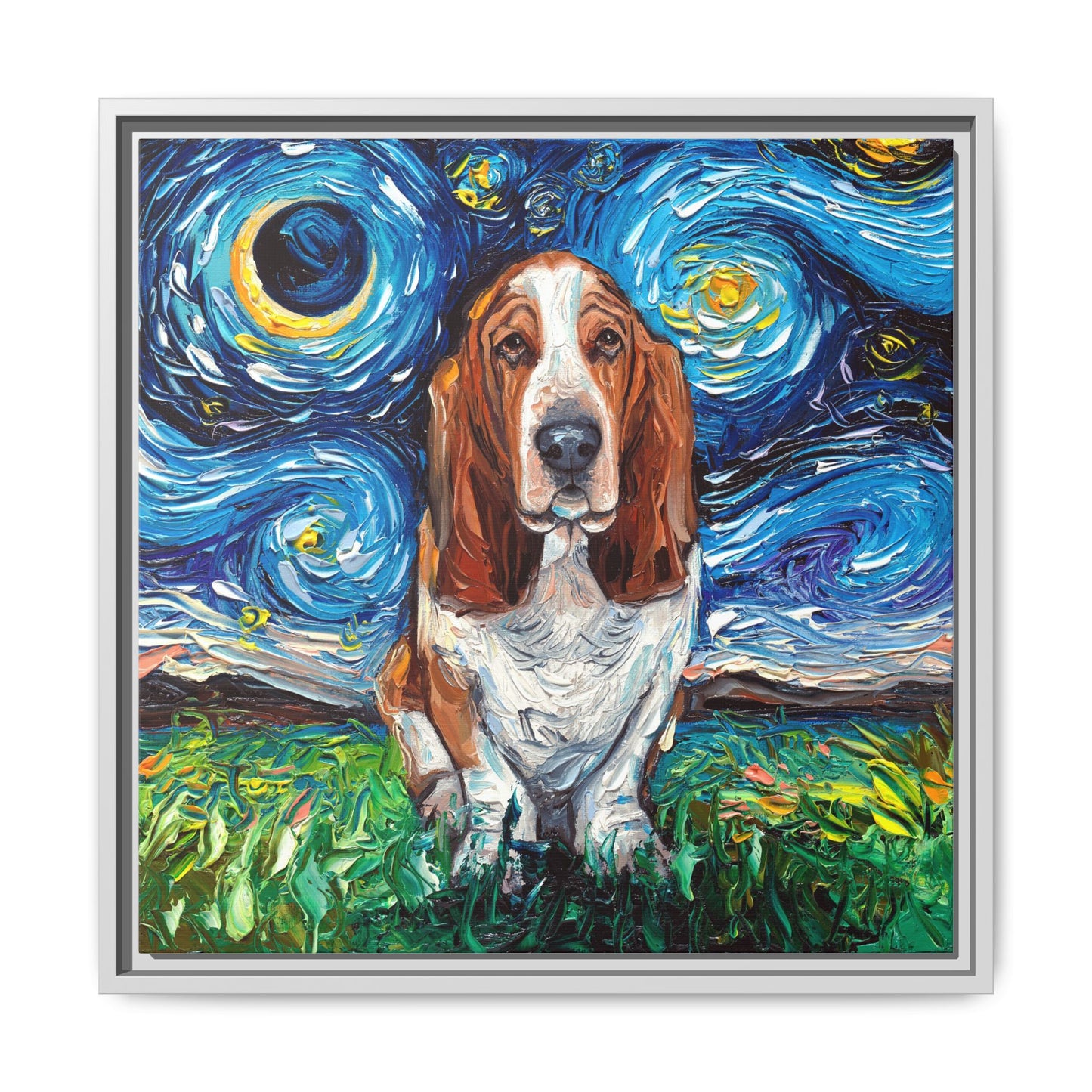"Basset Hound Night" Framed Canvas Wall Art