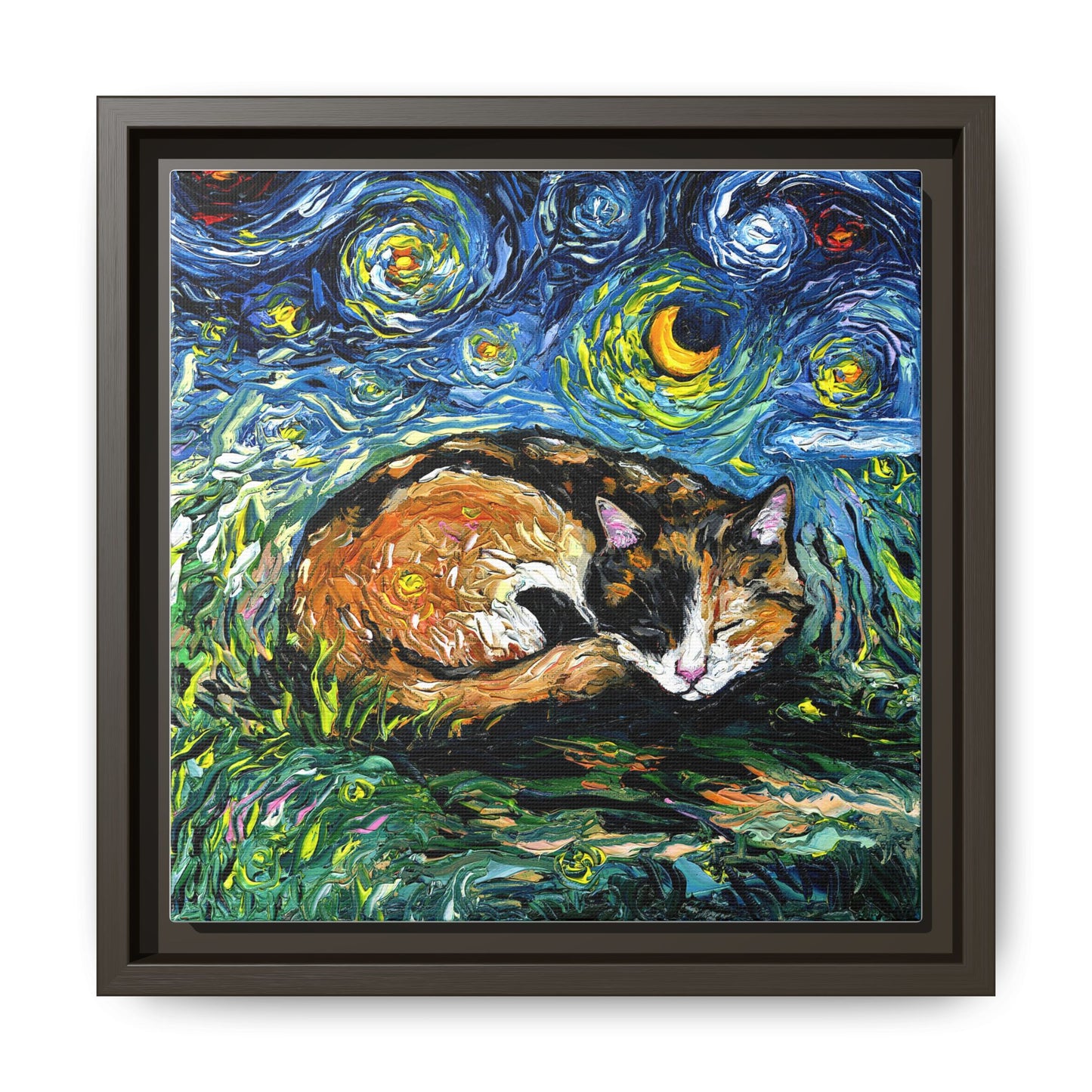 "Sleepy Calico Night" Framed Canvas Wall Art