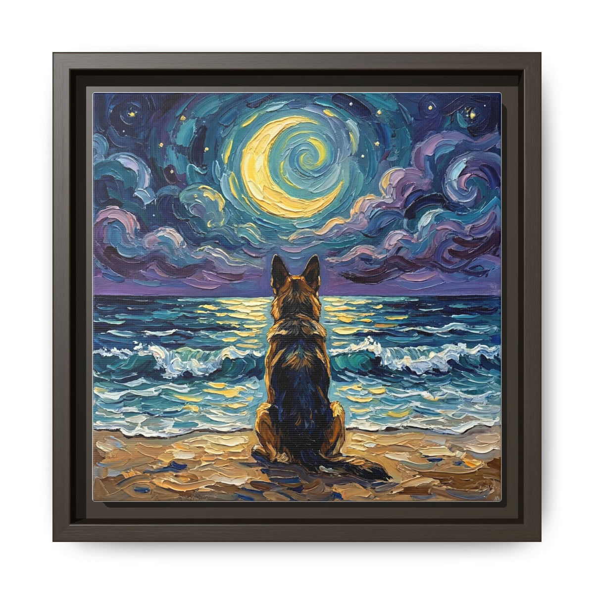 "Beach Night - German Shepherd" Framed Canvas Wall Art