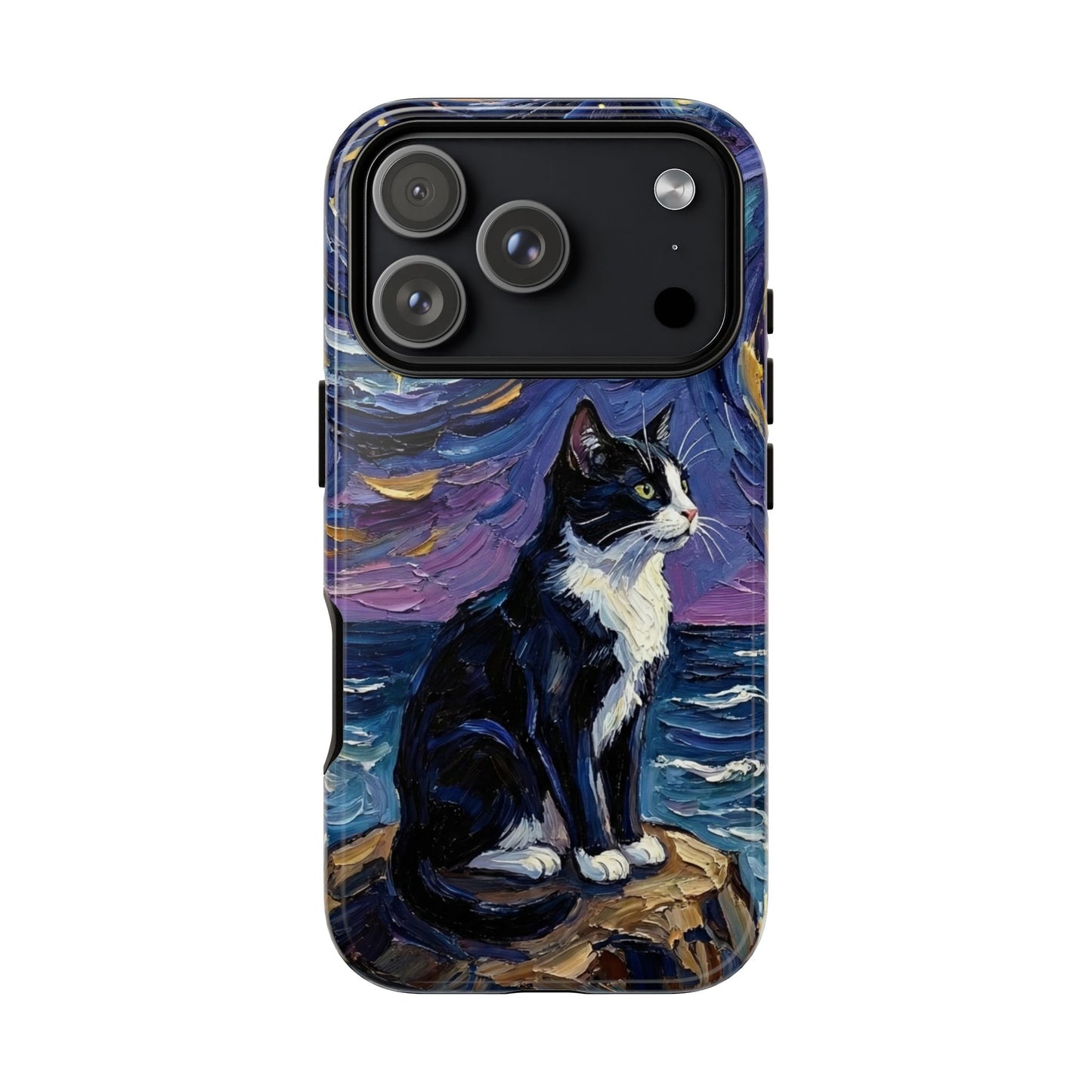 Tuxedo Cat Coastal Starry Night Art Phone Case