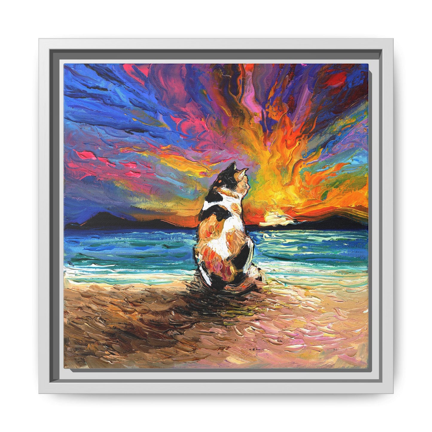 "Beach Day - Calico Cat" Framed Canvas Wall Art