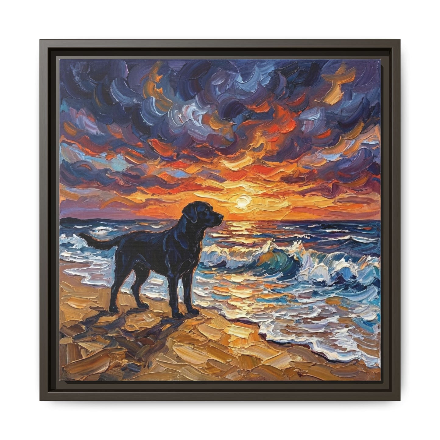 "Beach Sunset - Black Labrador" Framed Canvas Wall Art