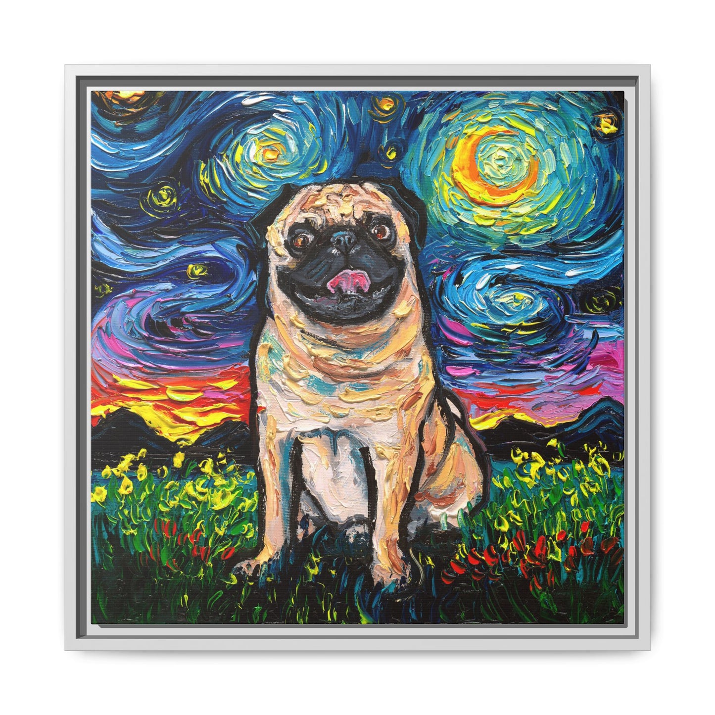 "Fawn Pug Night" Framed Canvas Wall Art