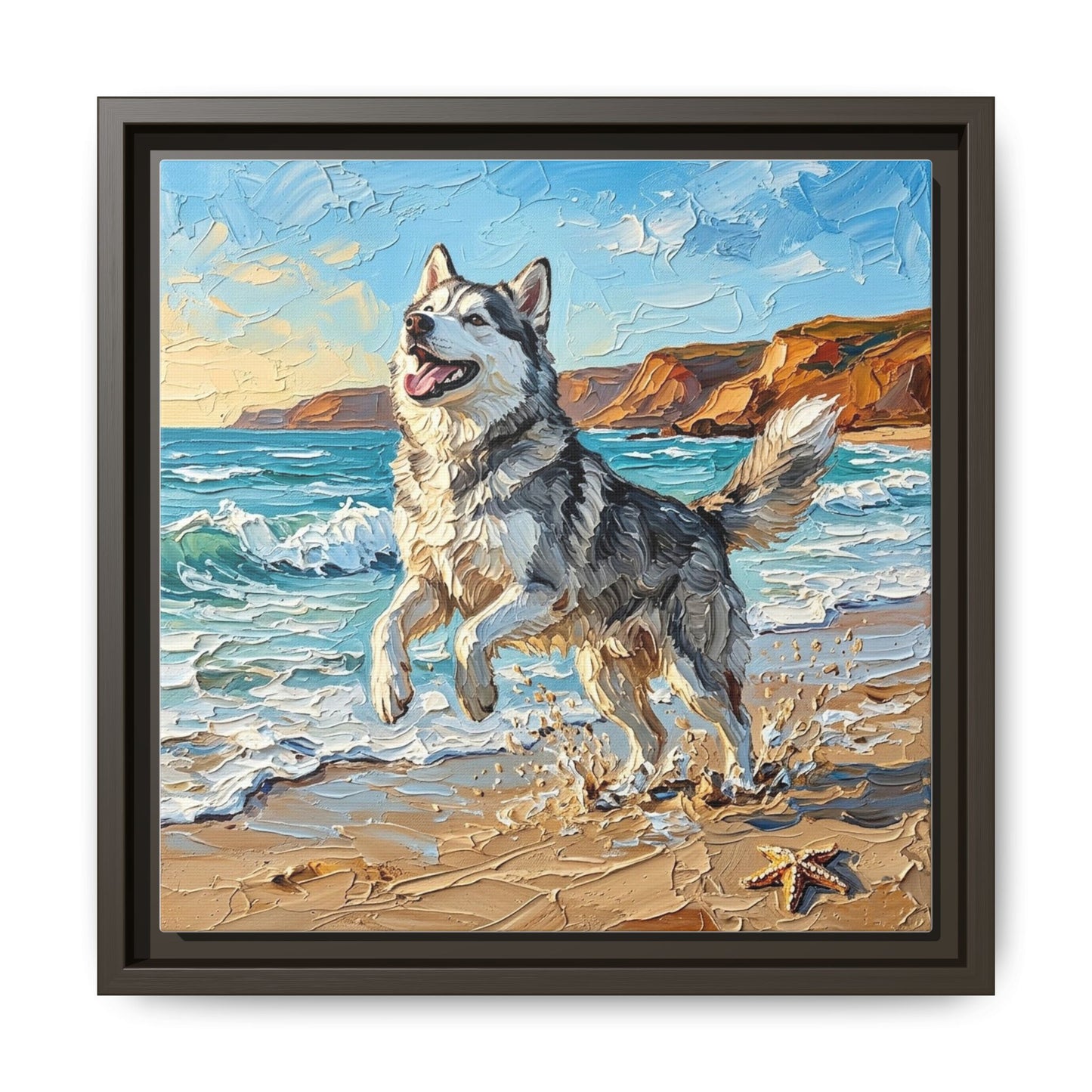 "Beach Day - Husky" Framed Canvas Wall Art