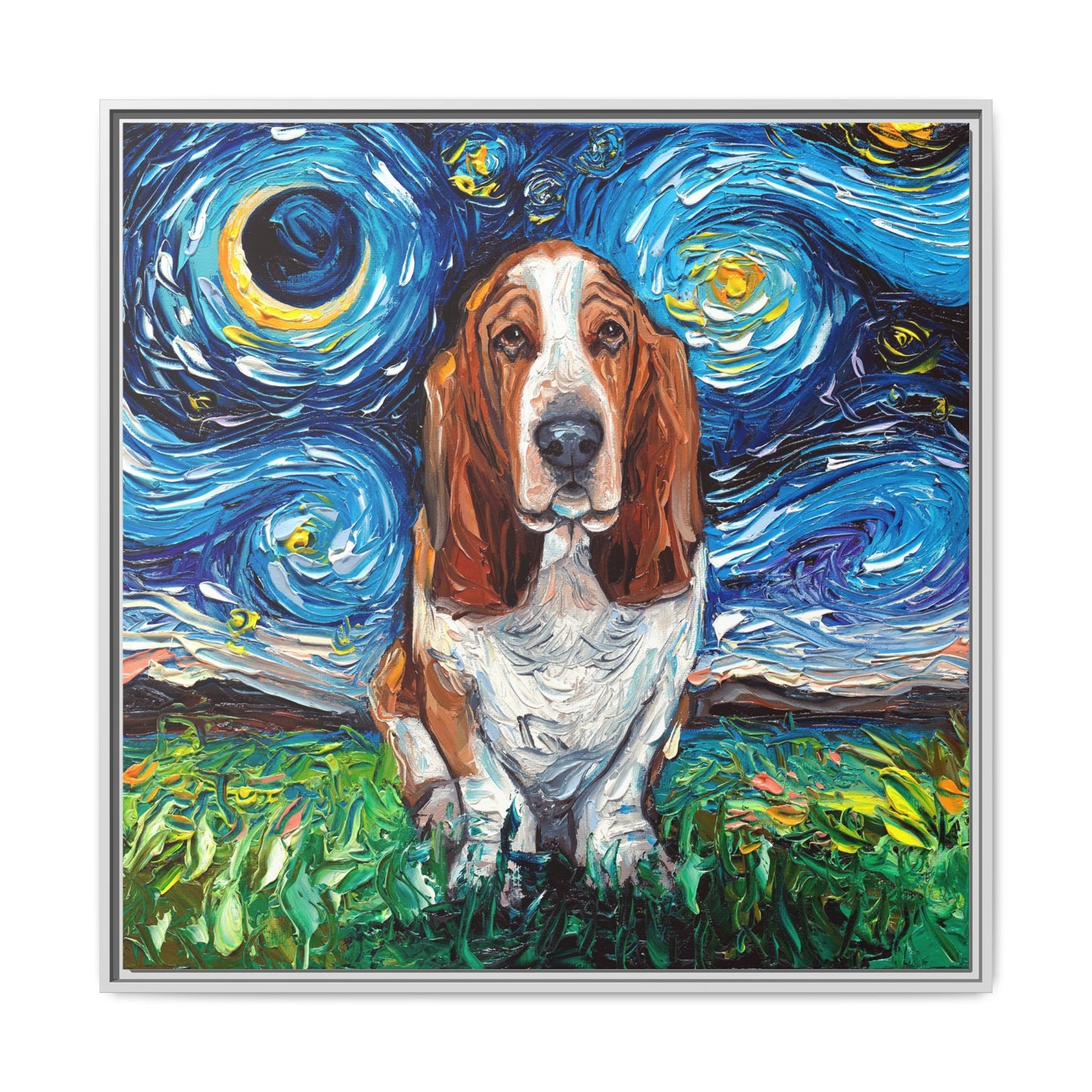"Basset Hound Night" Framed Canvas Wall Art