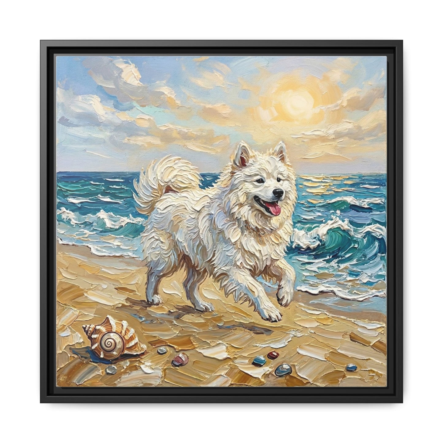 "Beach Day - Samoyed" Framed Canvas Wall Art