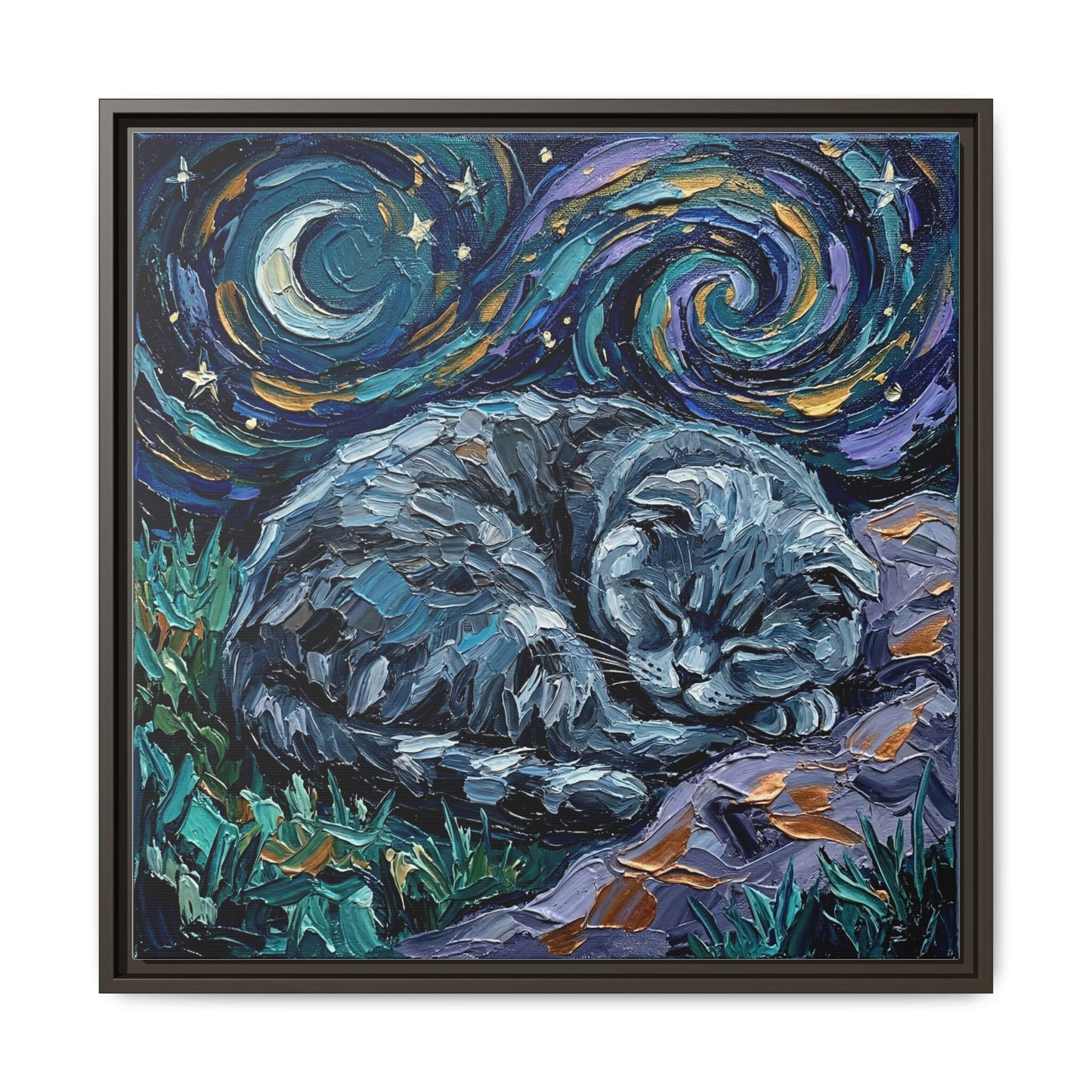 "Sleepy Scottish Fold Night" Framed Canvas Wall Art