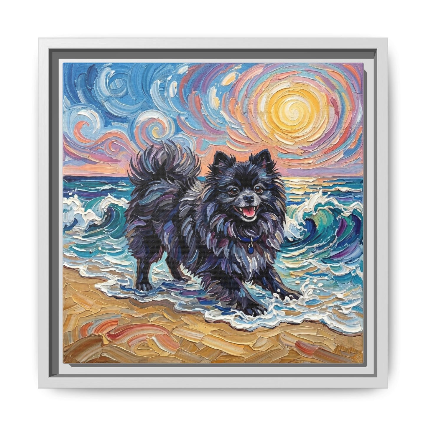 "Beach Day - Black Pomeranian" Framed Canvas Wall Art