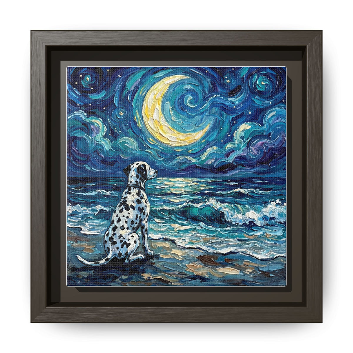 "Beach Night - Dalmatian" Framed Canvas Wall Art