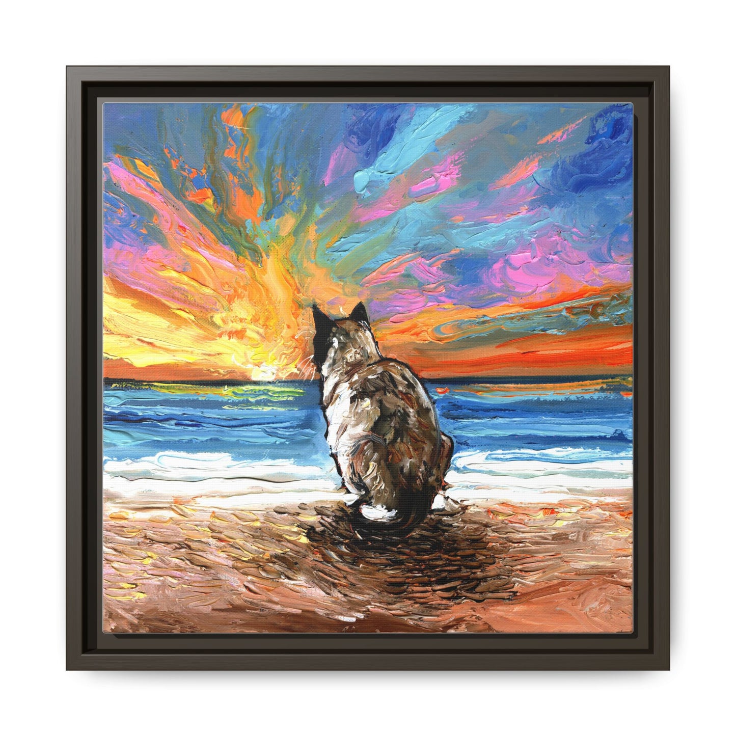 "Beach Day - Snowshoe Cat" Framed Canvas Wall Art